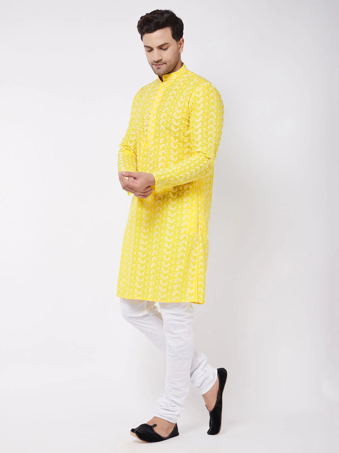 Men's Mustard Pure Cotton Chikankari Kurta Pyjama Set - Image 3