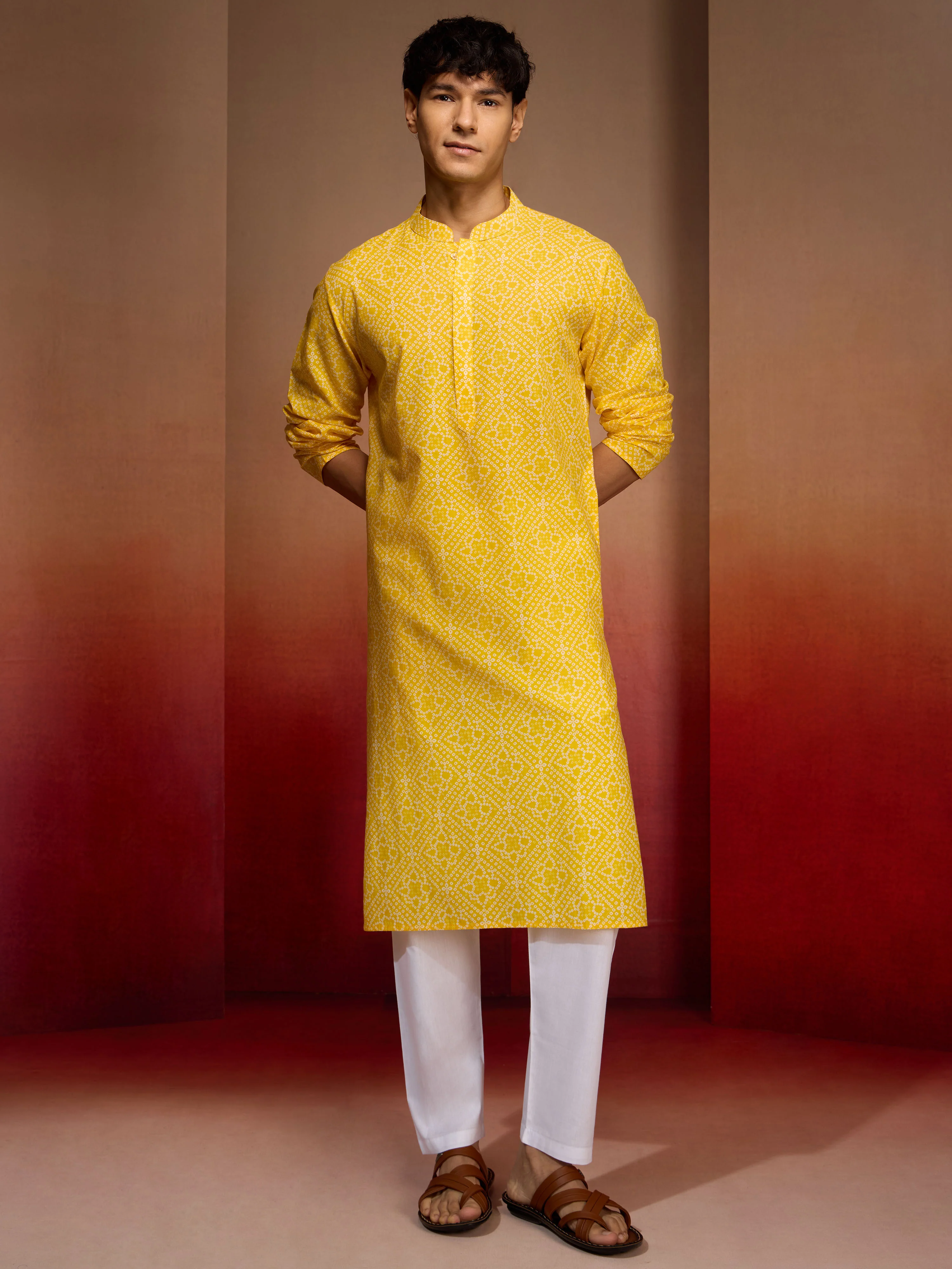 Men's Yellow Cotton Cambric Bandhani Kurta - Image 6