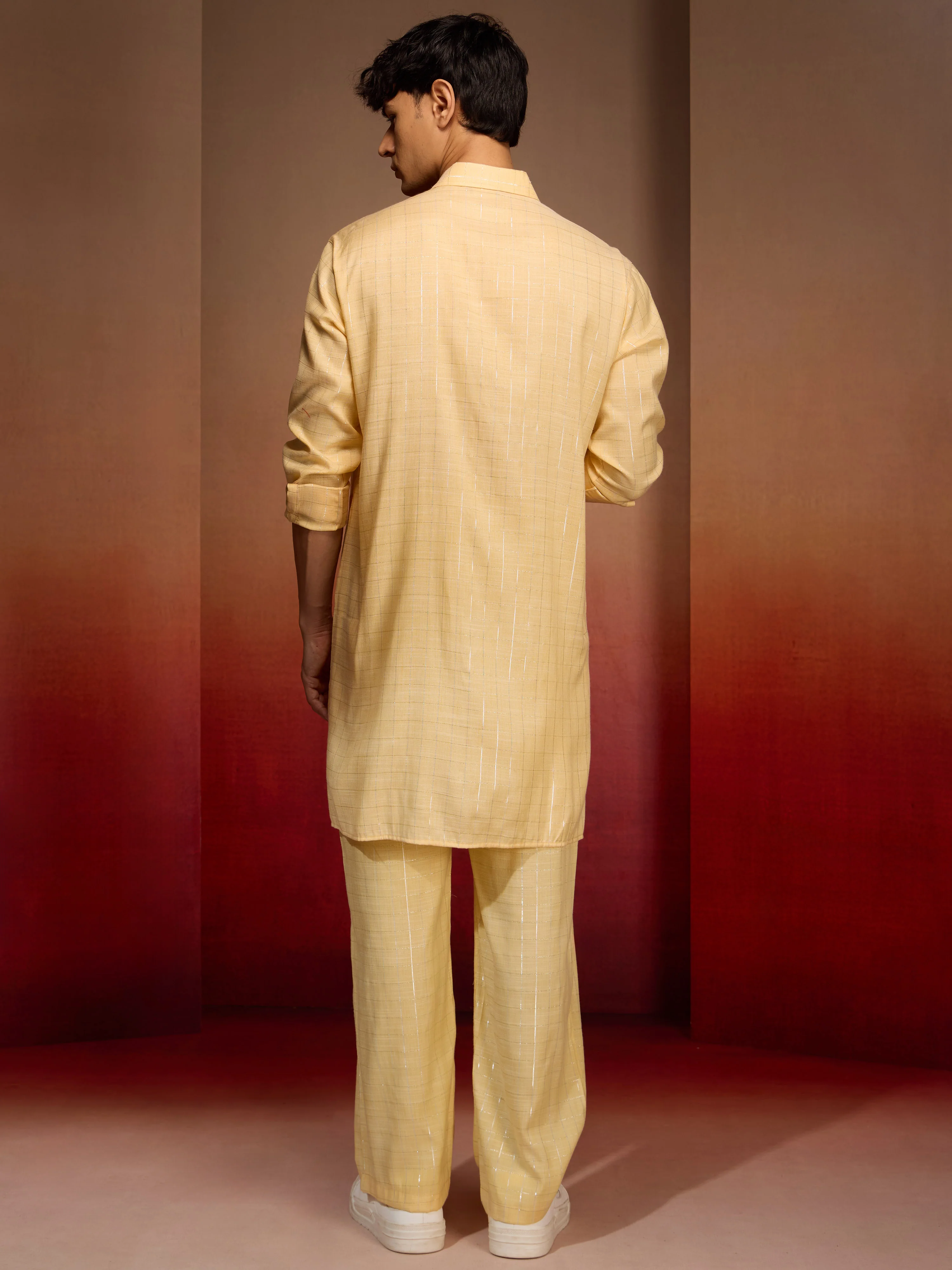 Men's Yellow Cotton Geometric Kurta Palazzo Set - Image 5