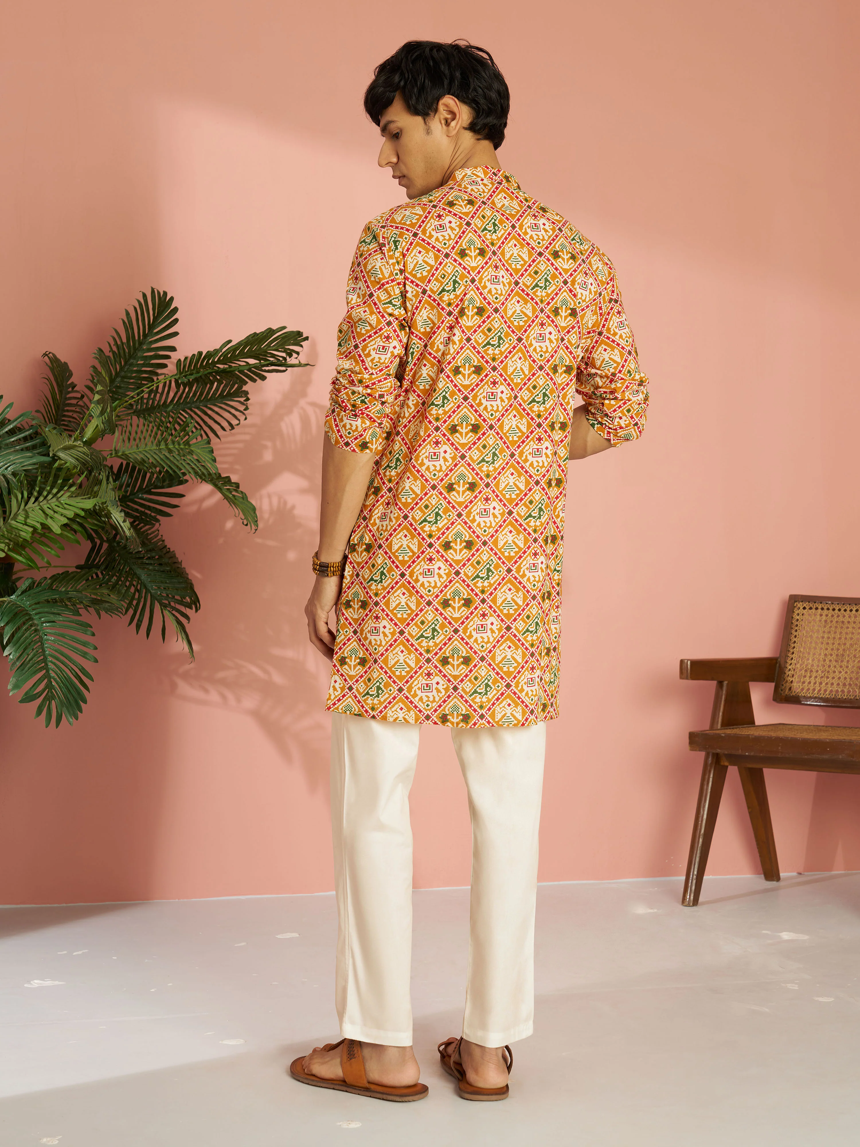 Men's Yellow Cotton Patola Printed Kurta with Cream Aligarh Pyjama Set - Image 5