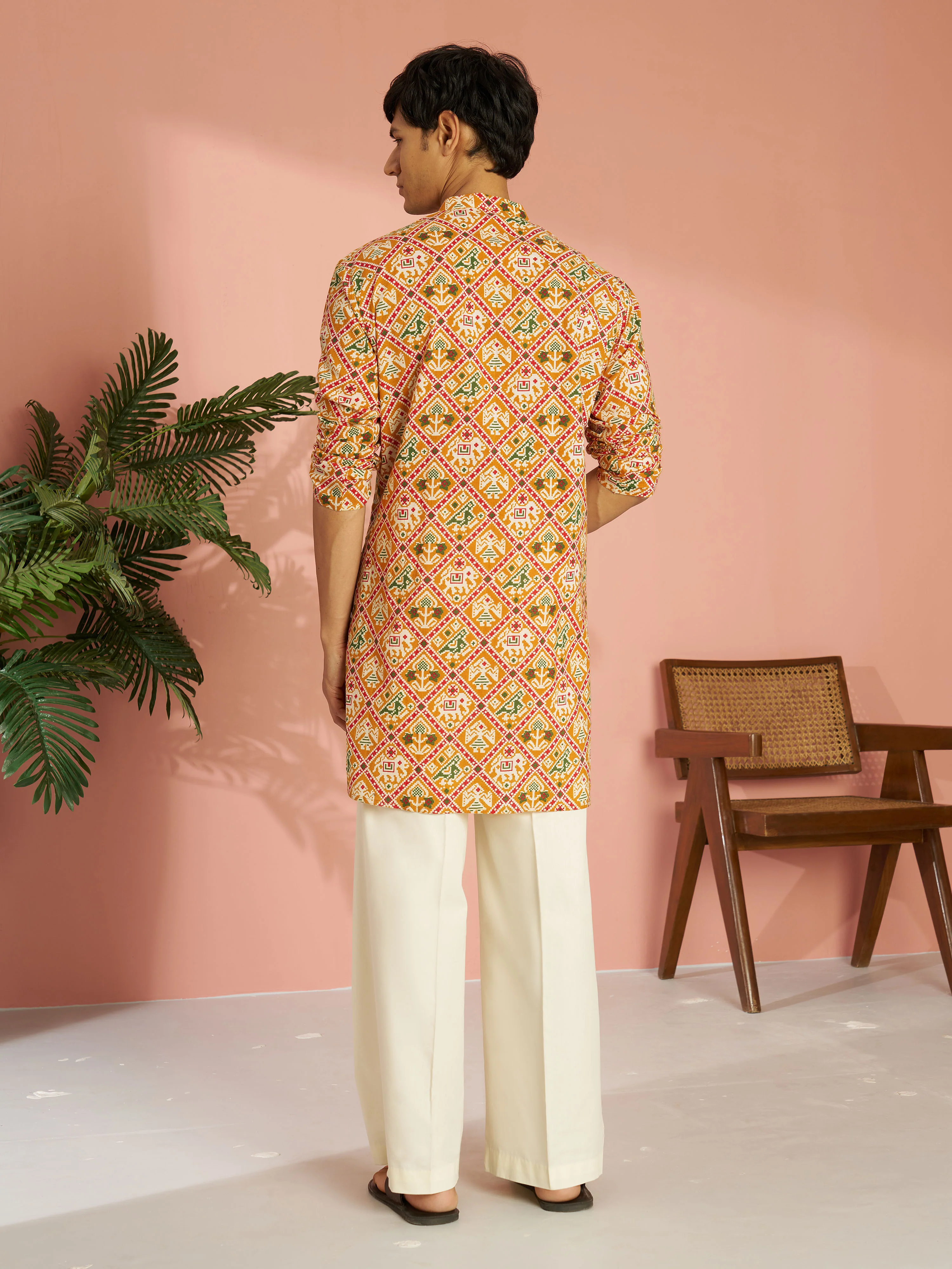 Men's Yellow Cotton Patola Printed Kurta with Cream Wide Leg Pant Set - Image 5