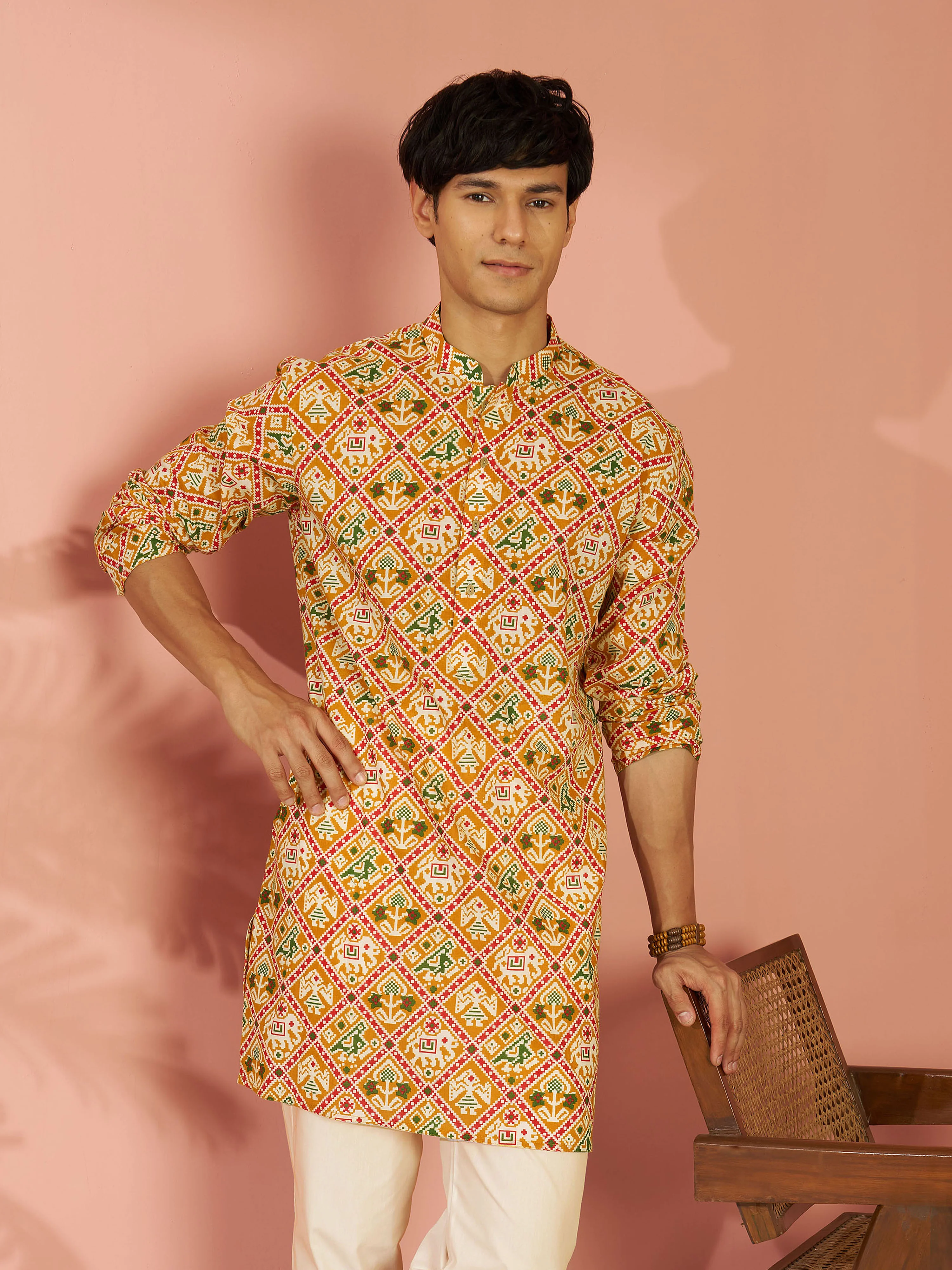 Men's Yellow Cotton Patola Printed Mid-Length Kurta - Image 4