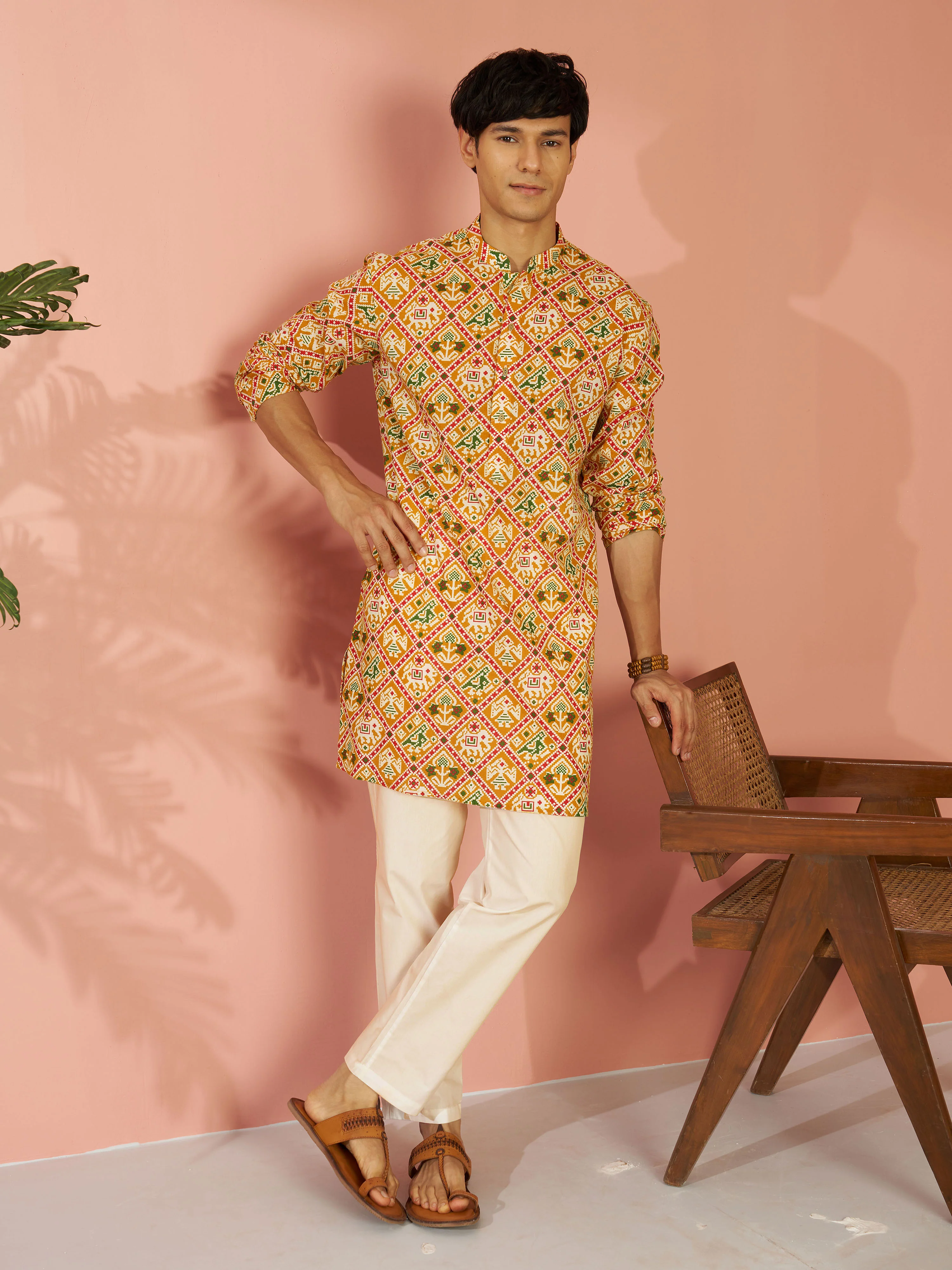 Men's Yellow Cotton Patola Printed Mid-Length Kurta - Image 6