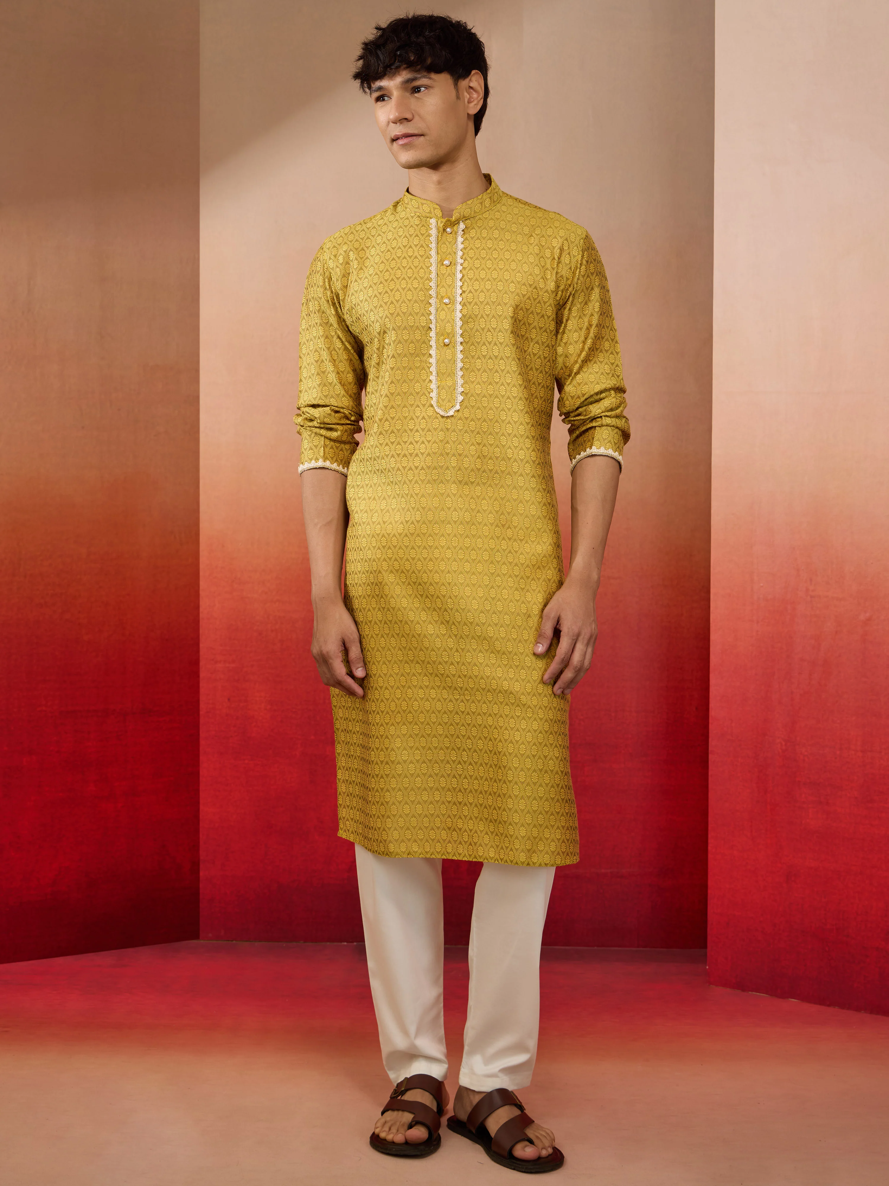 Mens Yellow Jacquard Kurta with Pyjama - Image 3