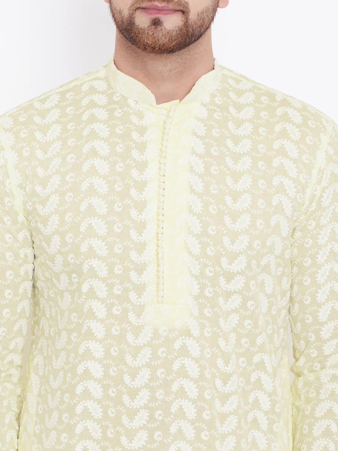 Men's Yellow Pure Cotton Chikankari Kurta - Image 5