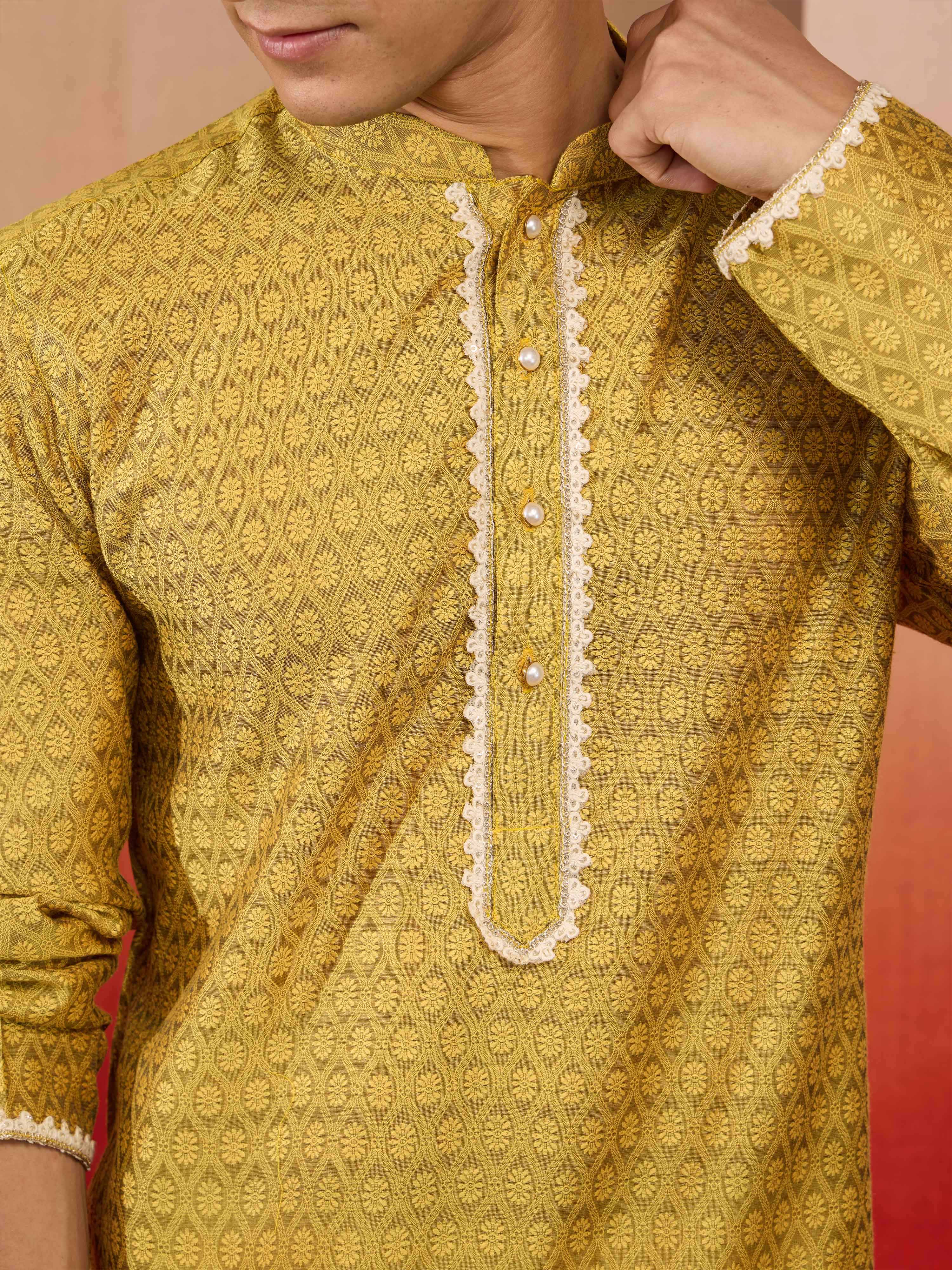 Men's Yellow Silk Jacquard Kurta - Image 3