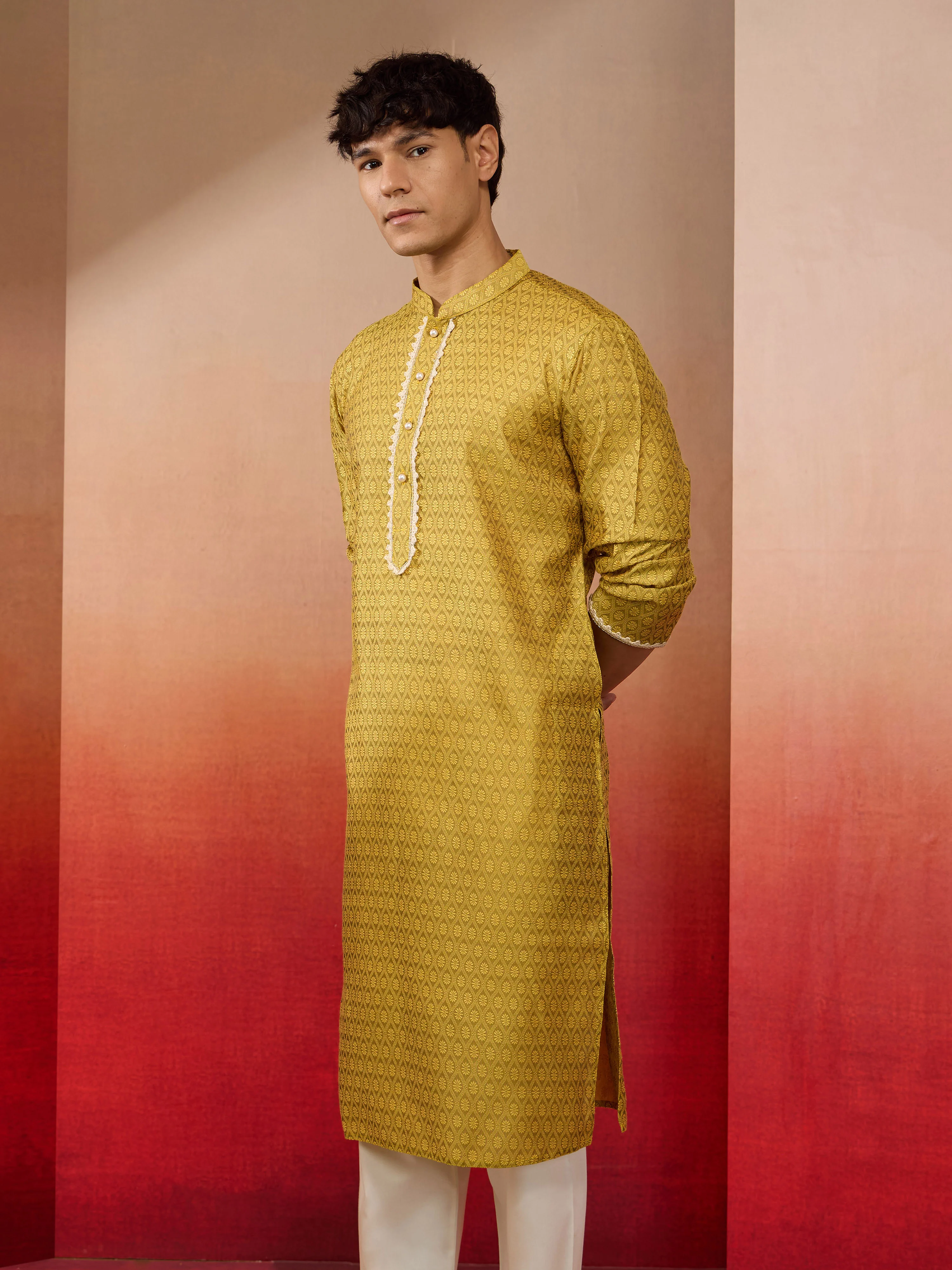 Men's Yellow Silk Jacquard Kurta - Image 4