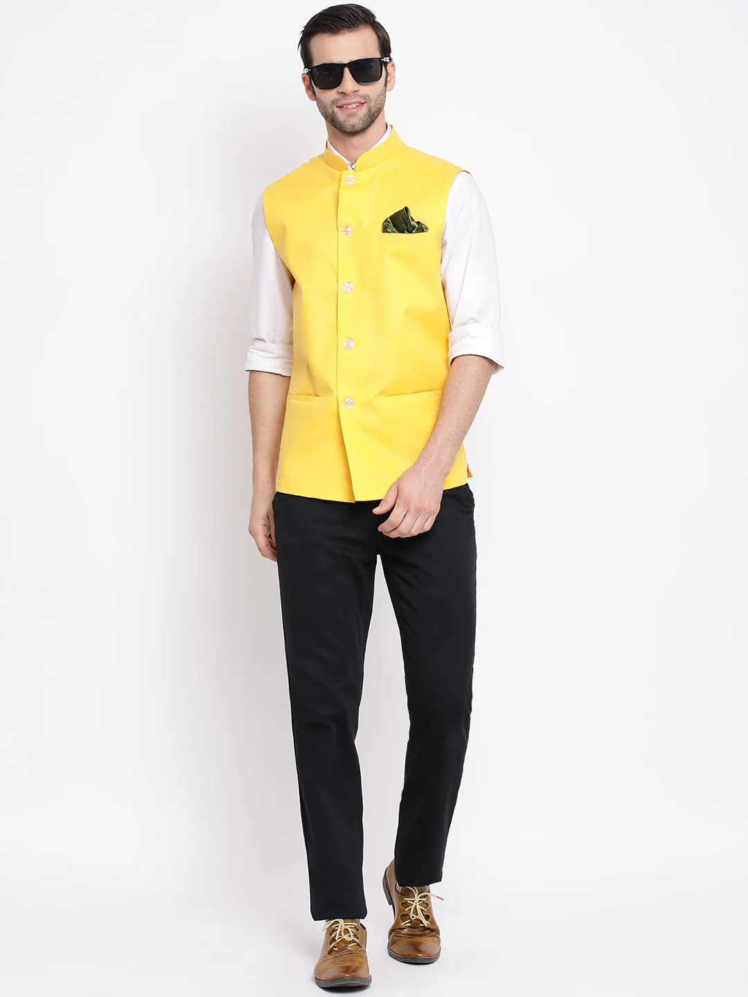 Men's Yellow Solid Classic Royal Cotton Blend Nehru Jacket - Image 5