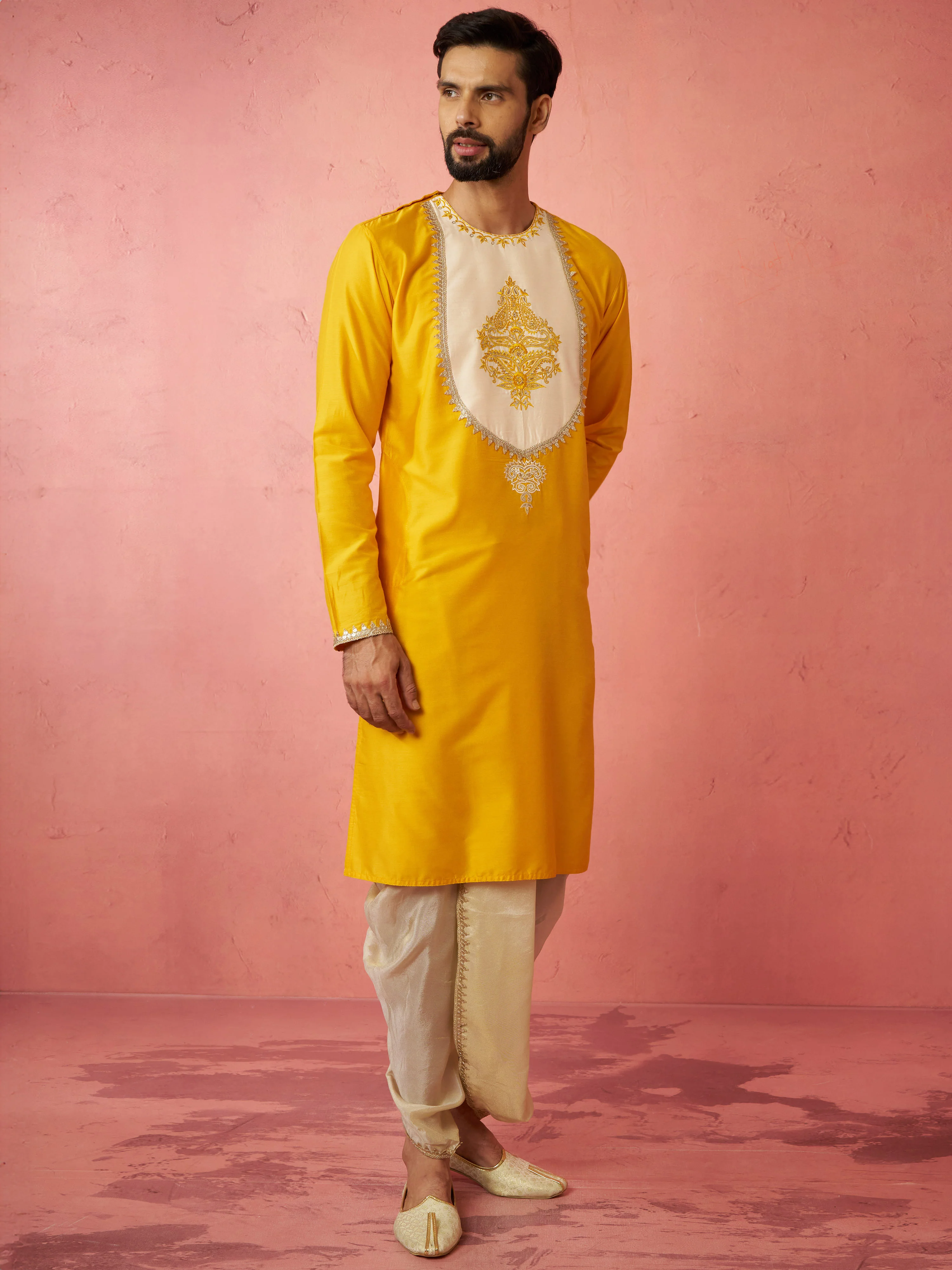 Men's Yellow Viscose Embroidered Kurta with Beige Tissue Dhoti Set - Image 4