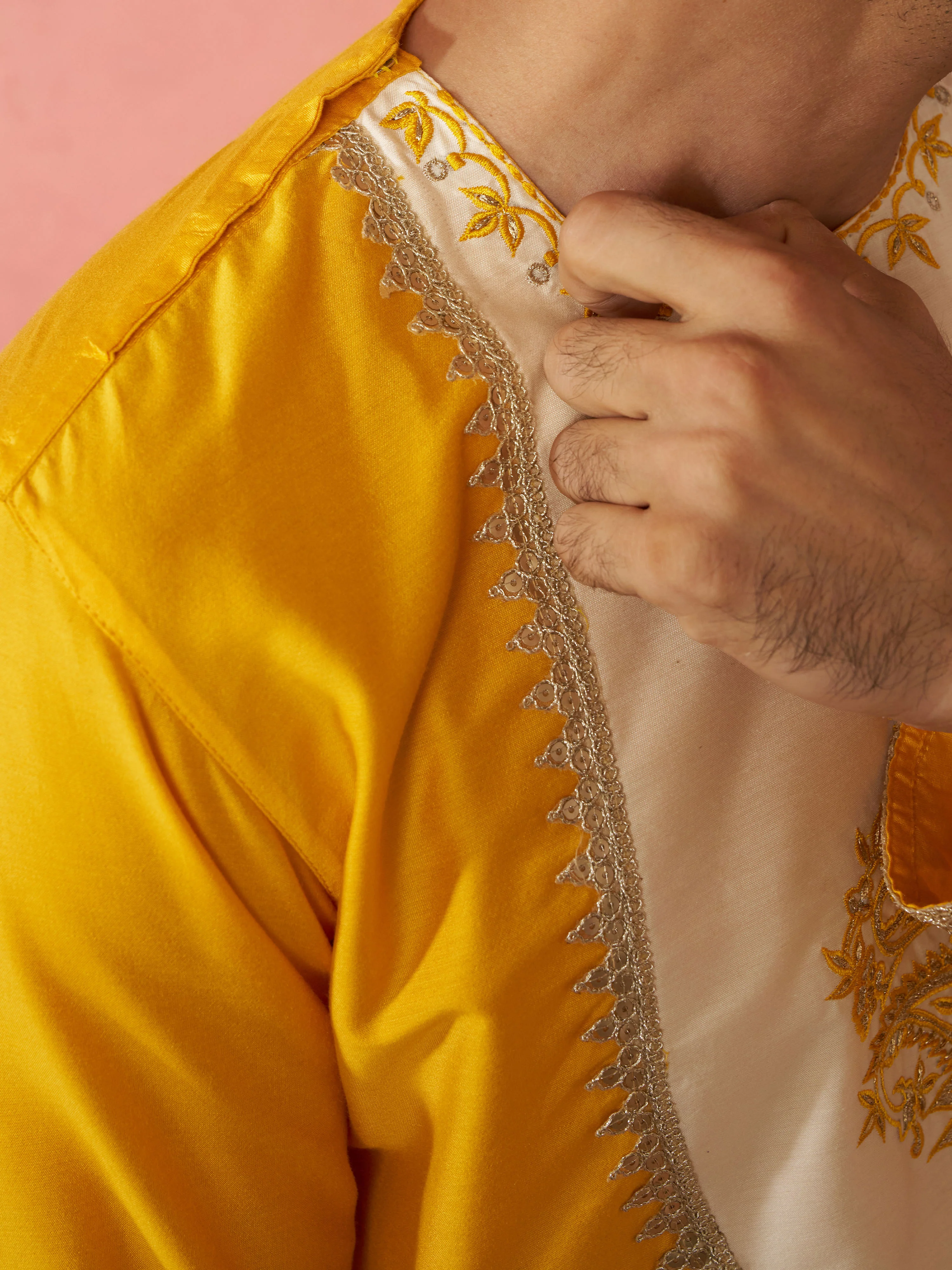 Men's Yellow Viscose Embroidered Kurta with Beige Tissue Dhoti Set - Image 6