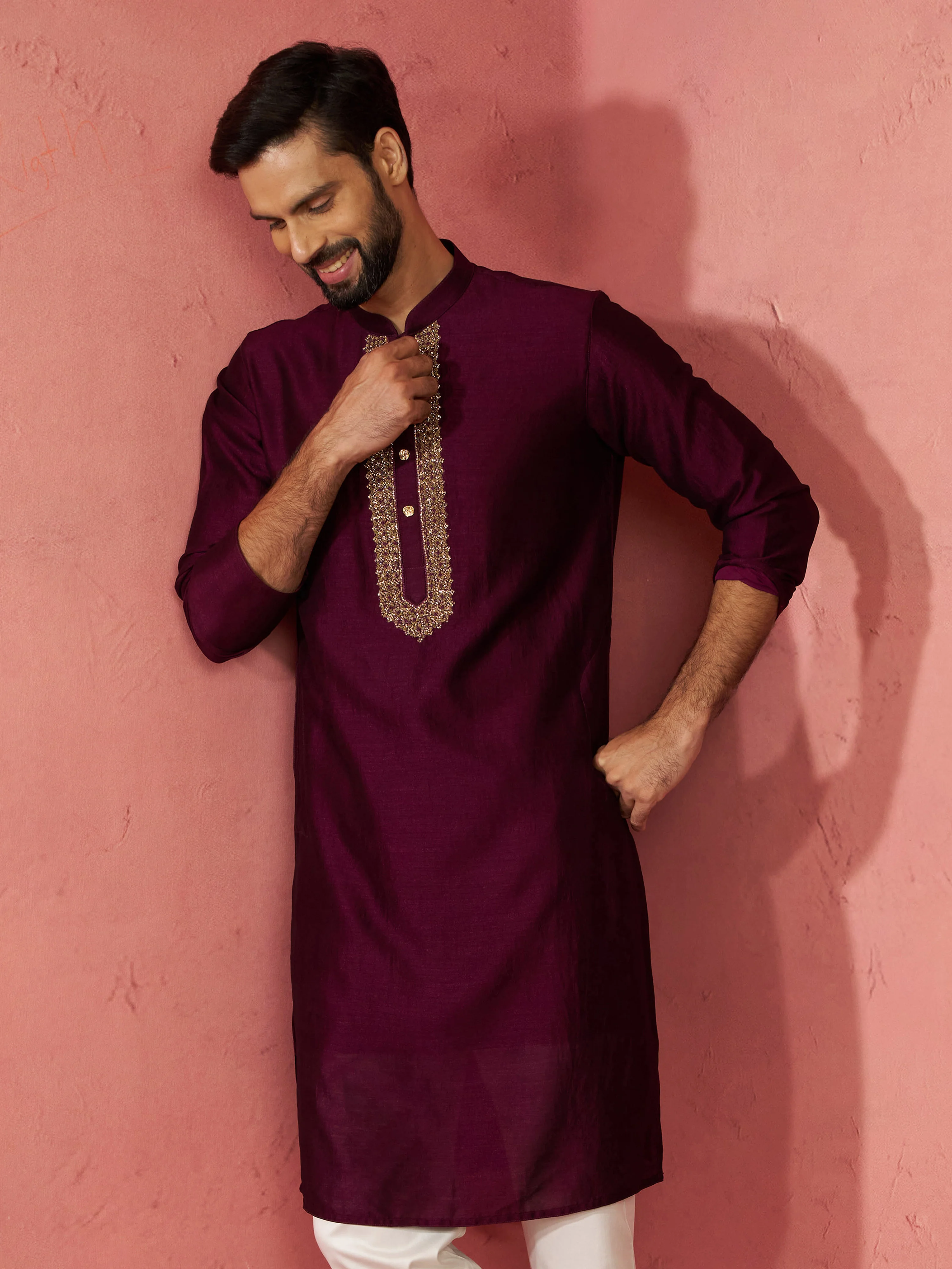 Men's's Wine Vichitra Silk Kurta - Traditional Embroidered Wedding Ethnic Wear - Image 2
