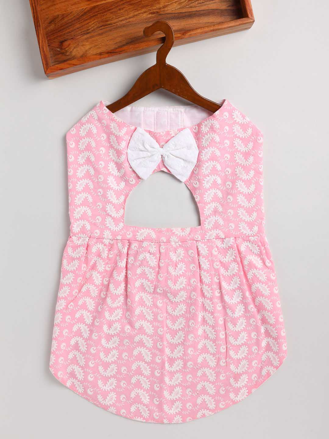 Dogs' Pink Chikankari Flared Dress With Attached Bow - Image 2