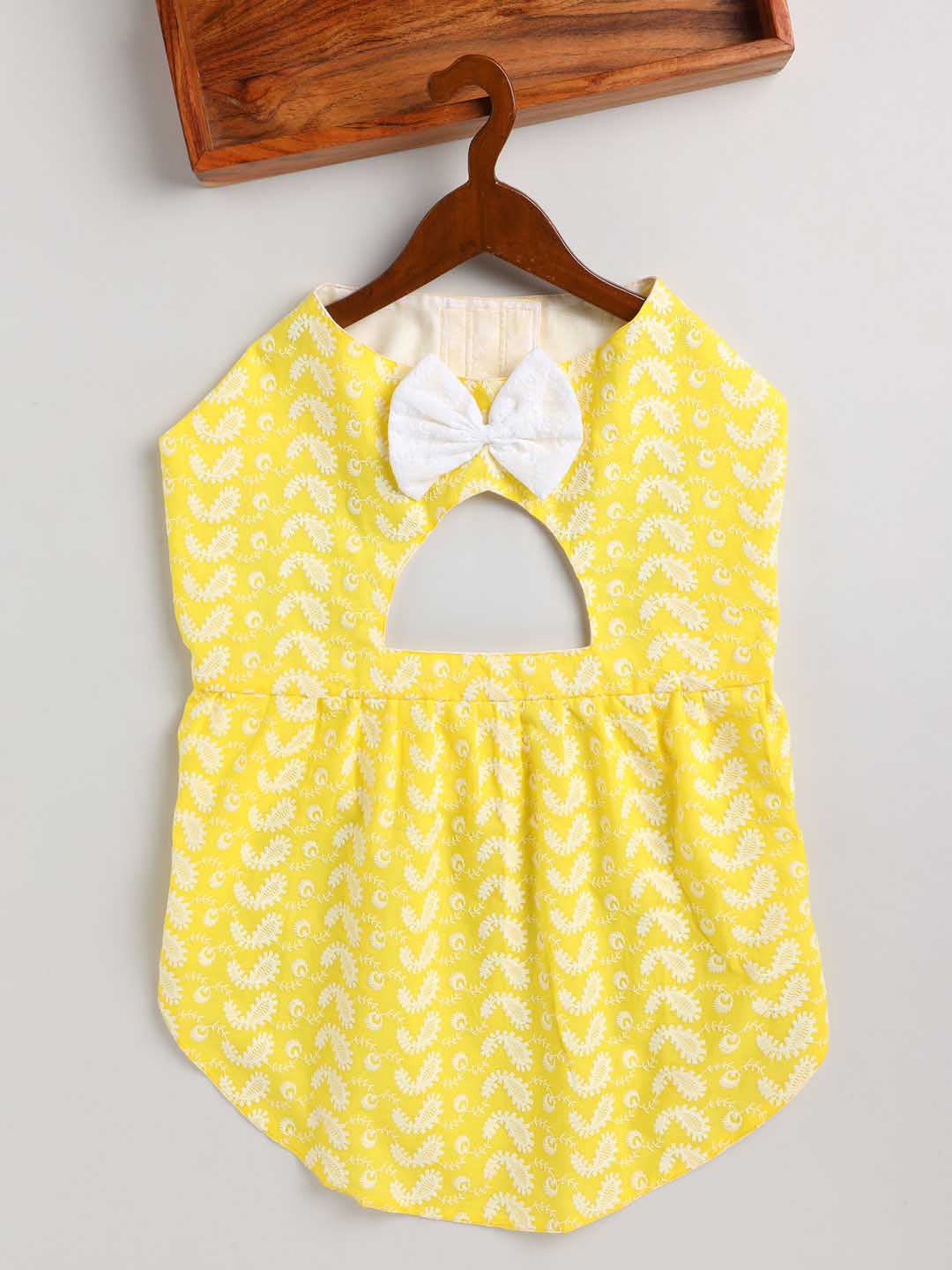 Dogs' Yellow Chikankari Flared Dress With Attached Bow - Image 2