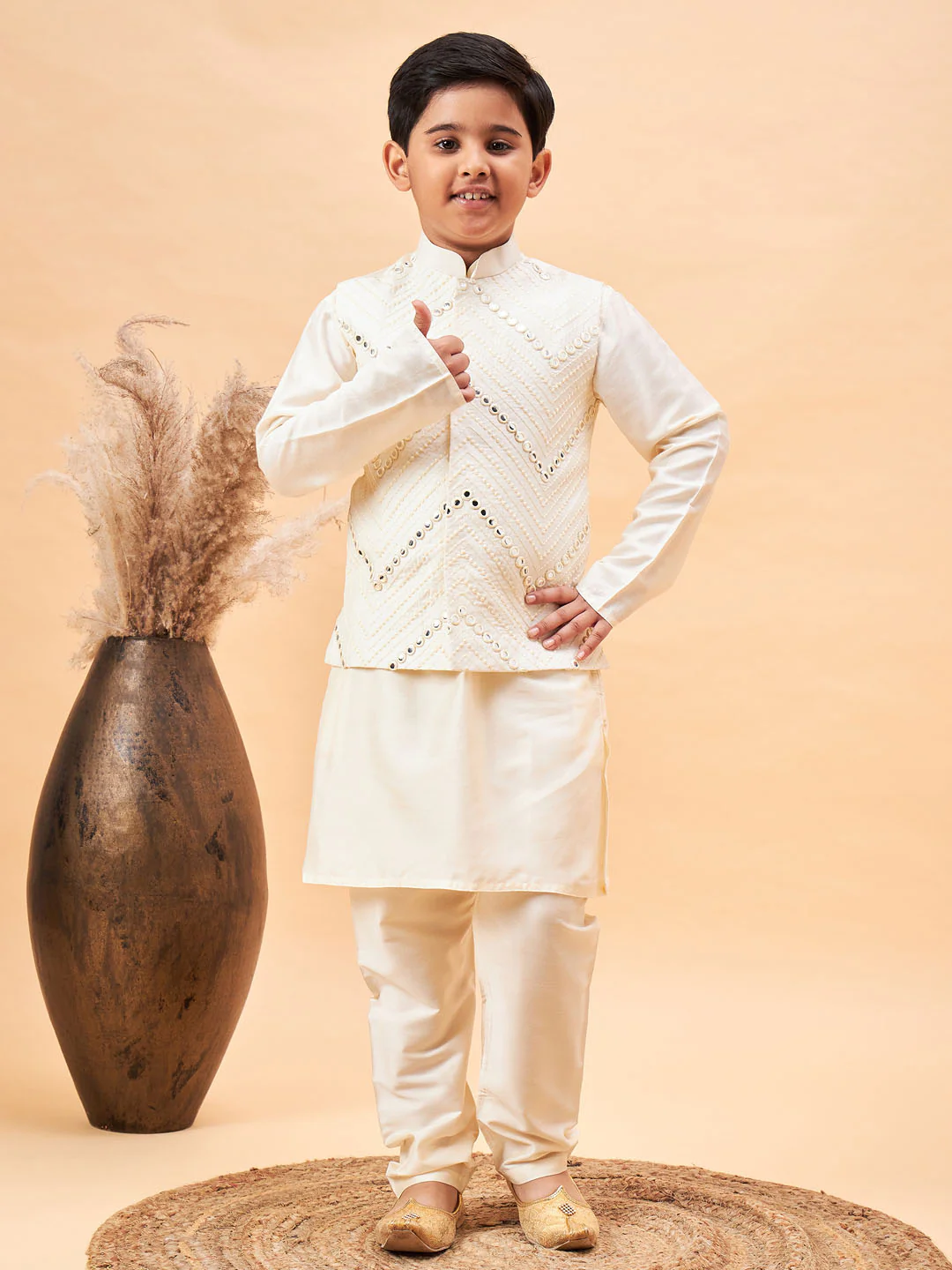 Boy's Cream Mirror Work Jacket And Solid Kurta Pyjama Set - Image 2