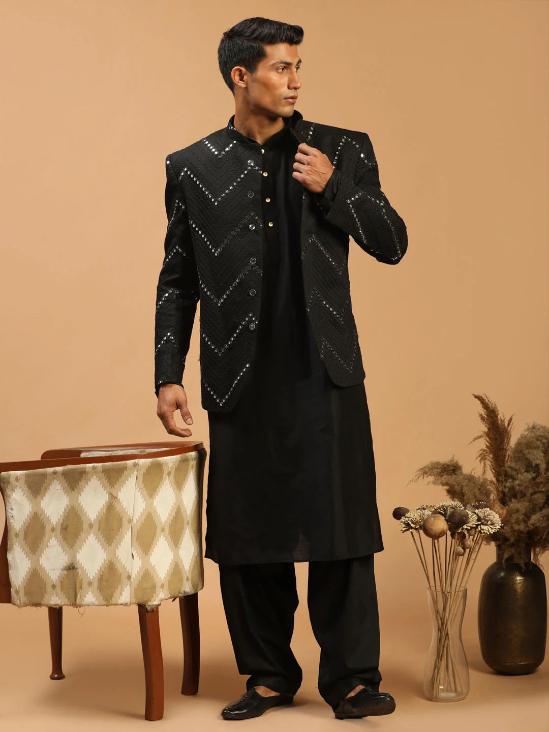 Men's Black Mirror Jodhpuri With Kurta Patiala Set