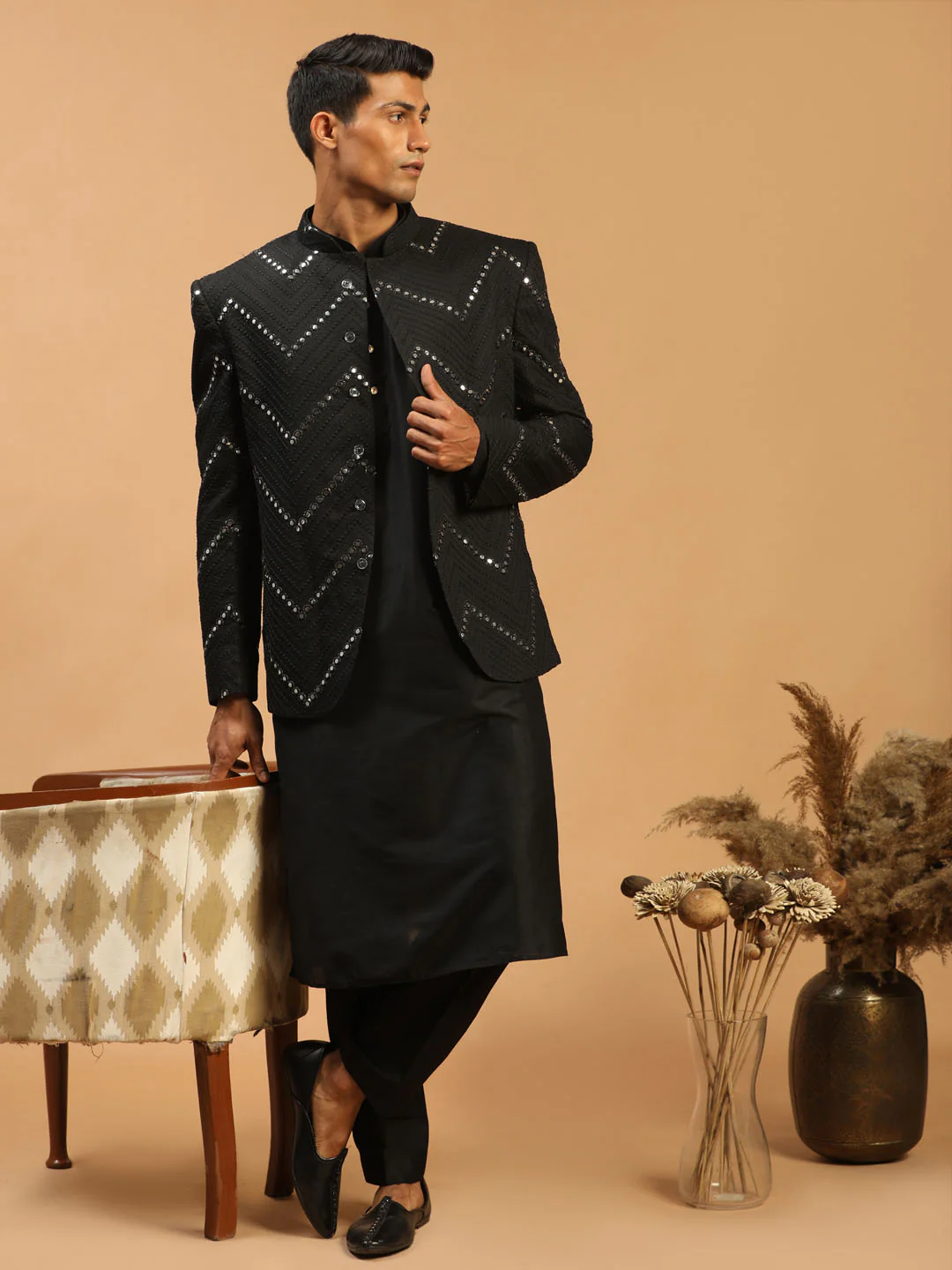 Men's Black Mirror Jodhpuri With Kurta Pant Set - Image 6