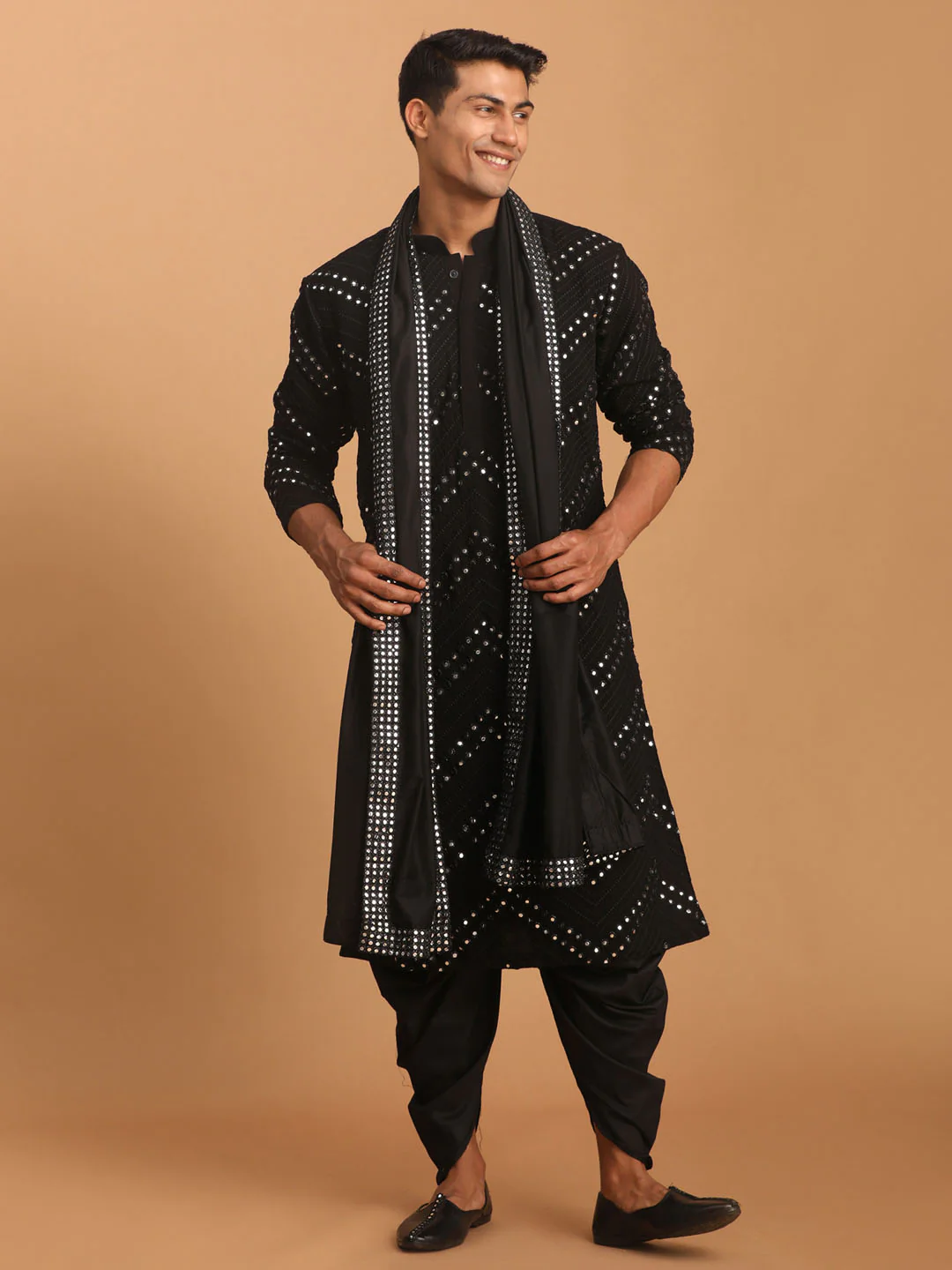 Men's Black Mirror Kurta Dhoti And Dupatta Set