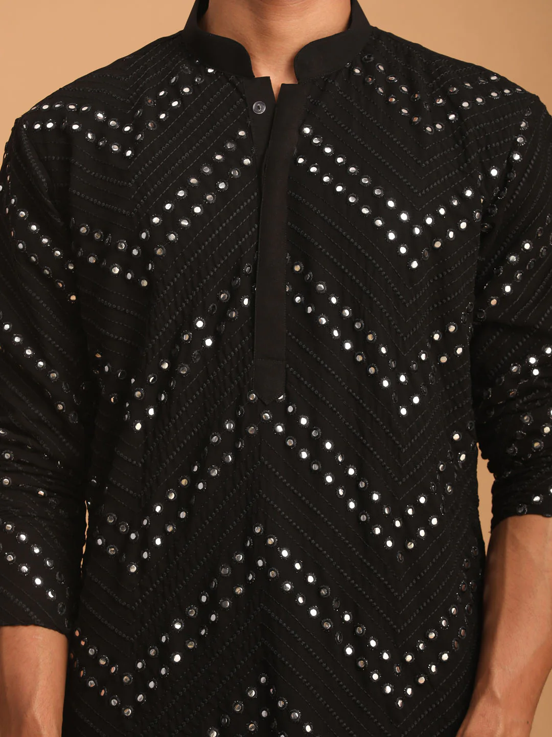 Men's Black Mirror Kurta Dhoti And Dupatta Set - Image 4