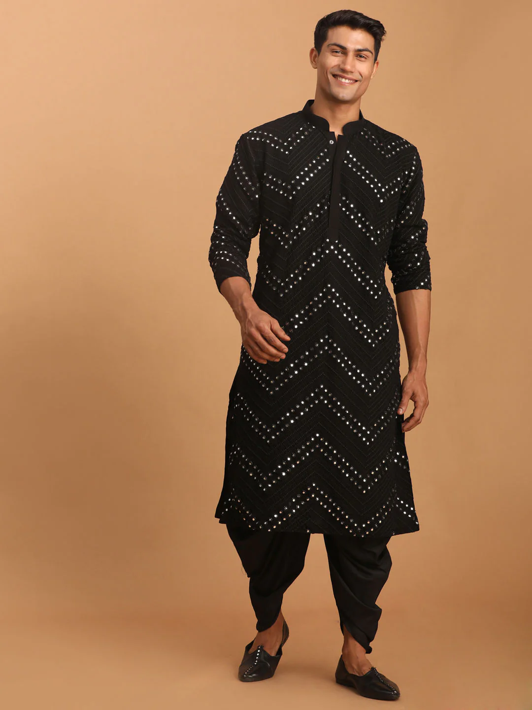 Men's Black Mirror Kurta Dhoti And Dupatta Set - Image 6