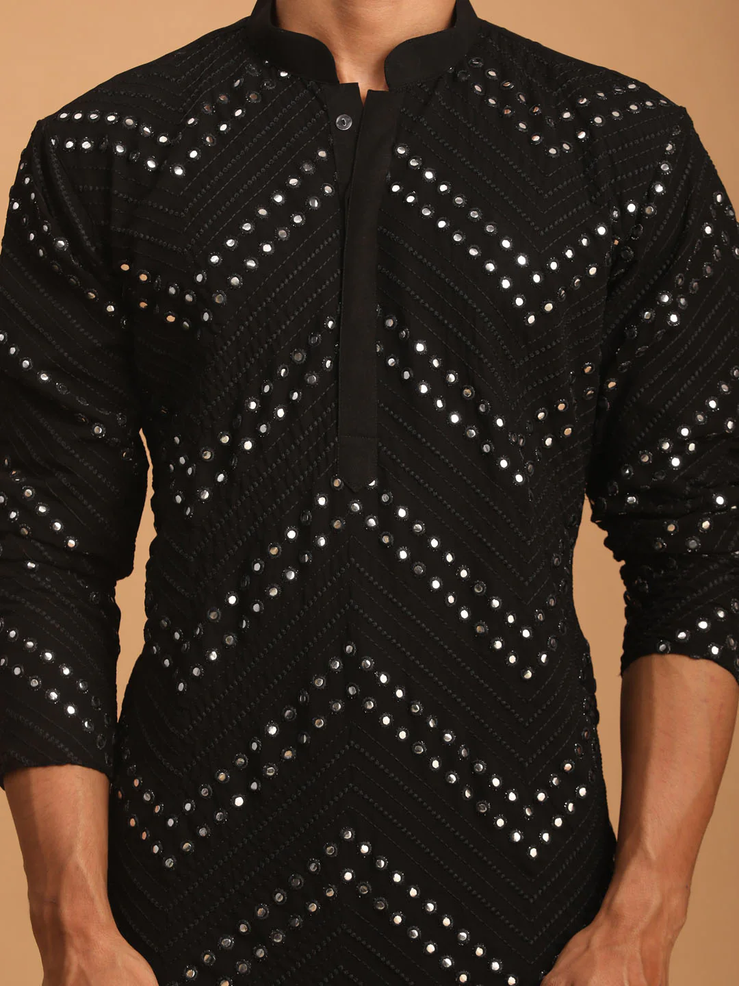 Men's Black Mirror Kurta Patiala And Dupatta Set - Image 4