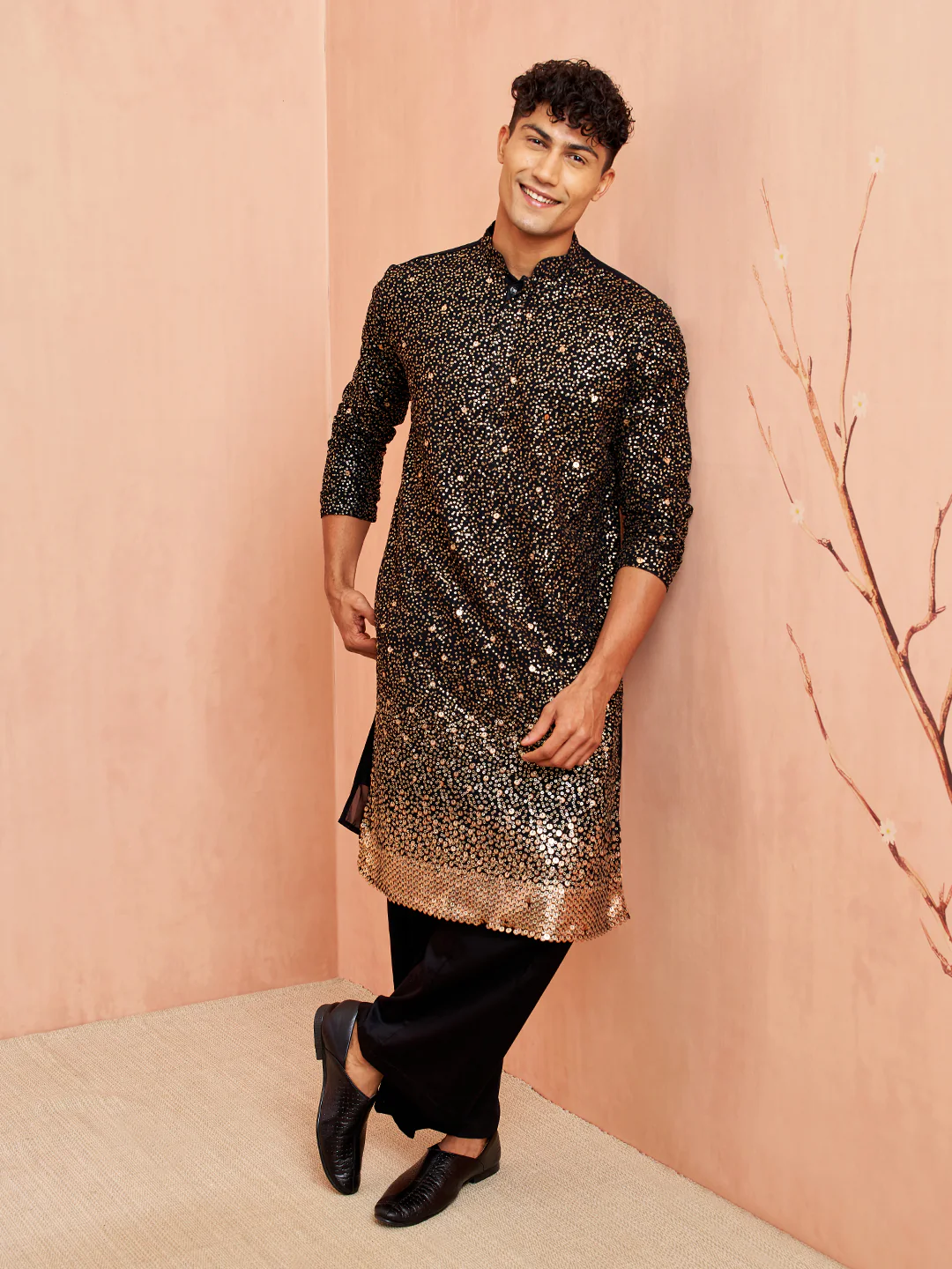Men's Black Georgette Zari With Sequins Worked Kurta - Image 6