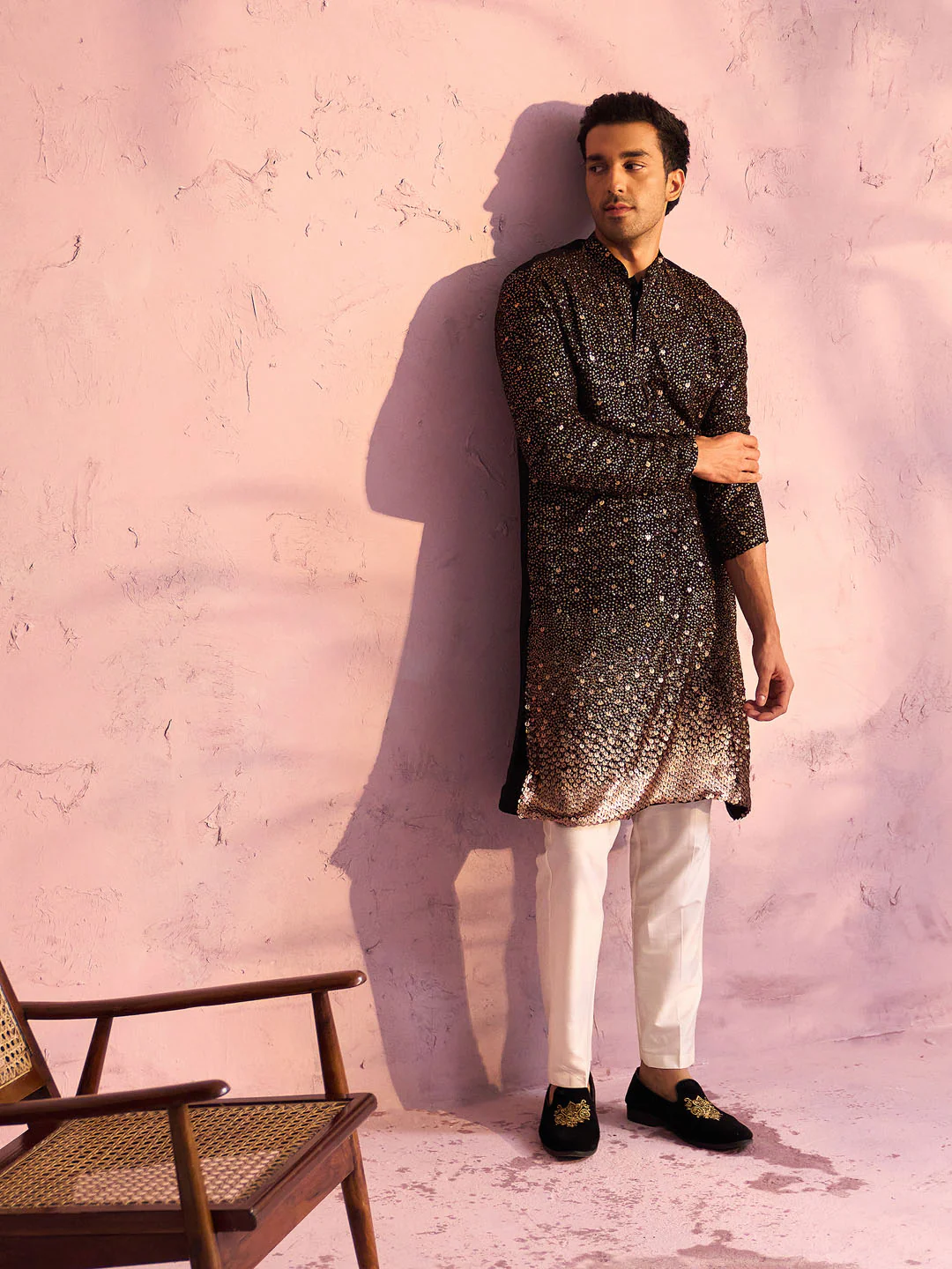 Men's Black Georgette Zari With Sequins Worked Kurta Pant Set