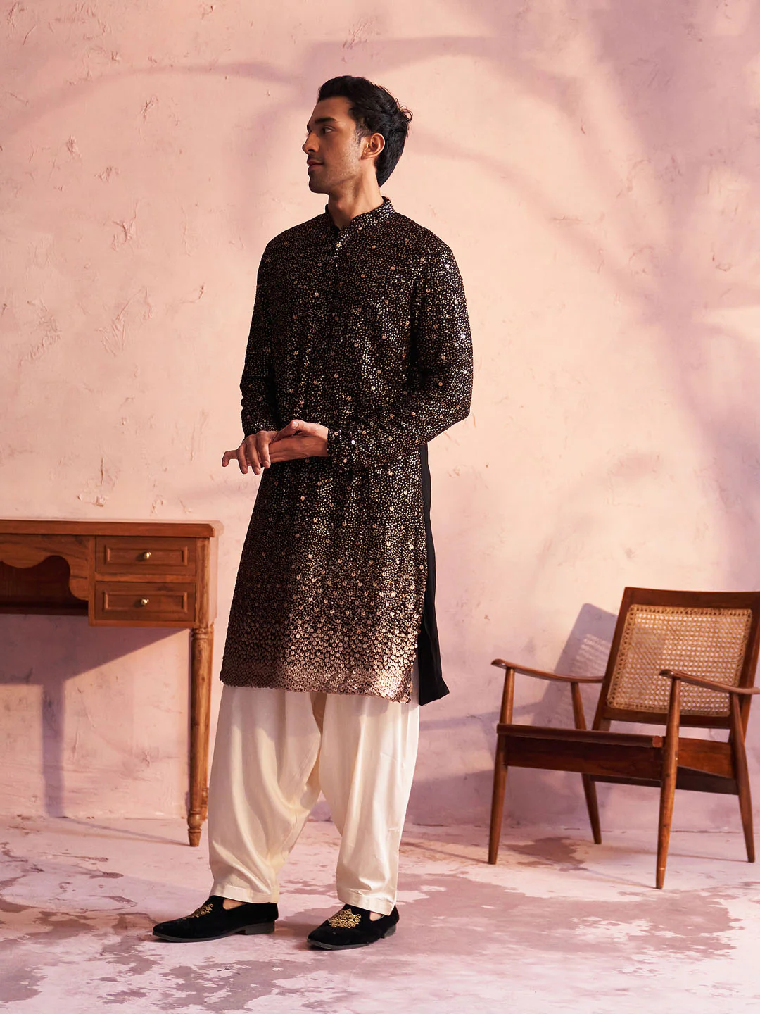 Men's Black Georgette Zari With Sequins Worked Kurta Patiala Set - Image 7