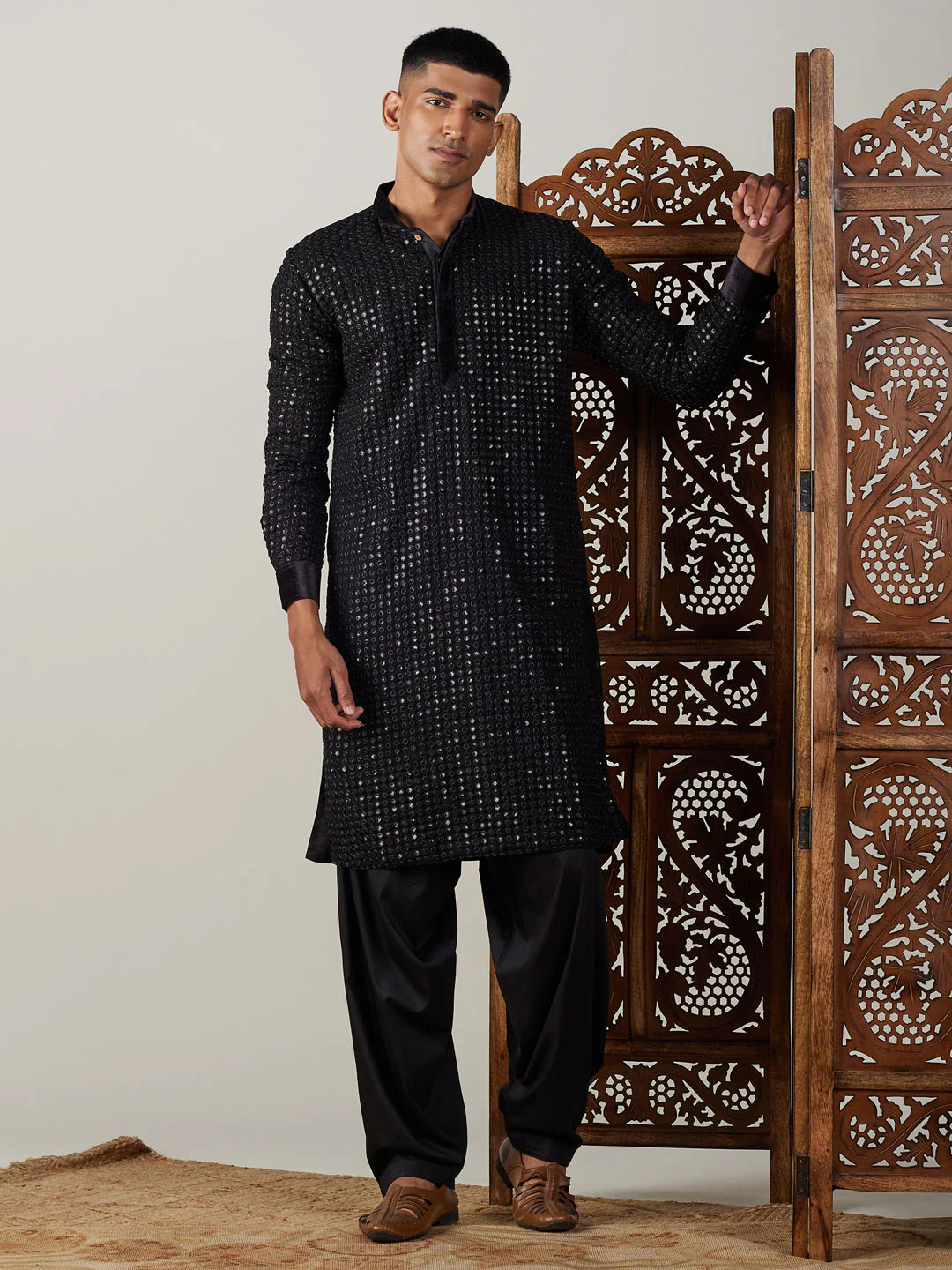 Men's Black Mirror Georgette Kurta With Patiala Set - Image 7