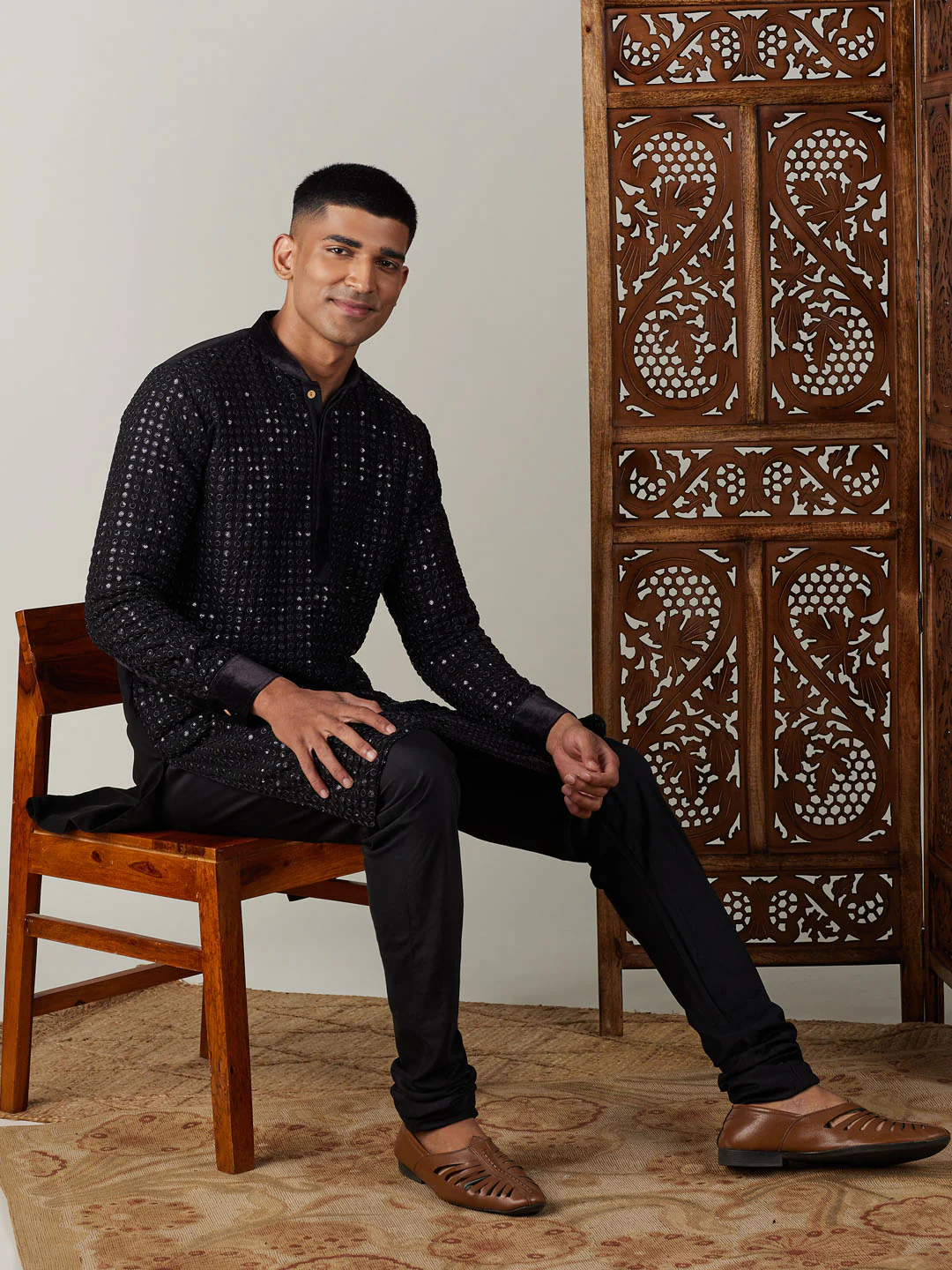 Men's Black Mirror Georgette Kurta Pyjama Set - Image 6