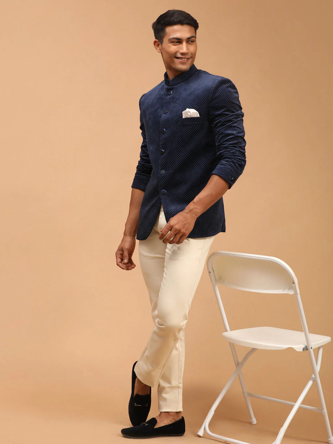 Men's Blue Polka Dot Printed Velvet Jodhpuri - Image 5