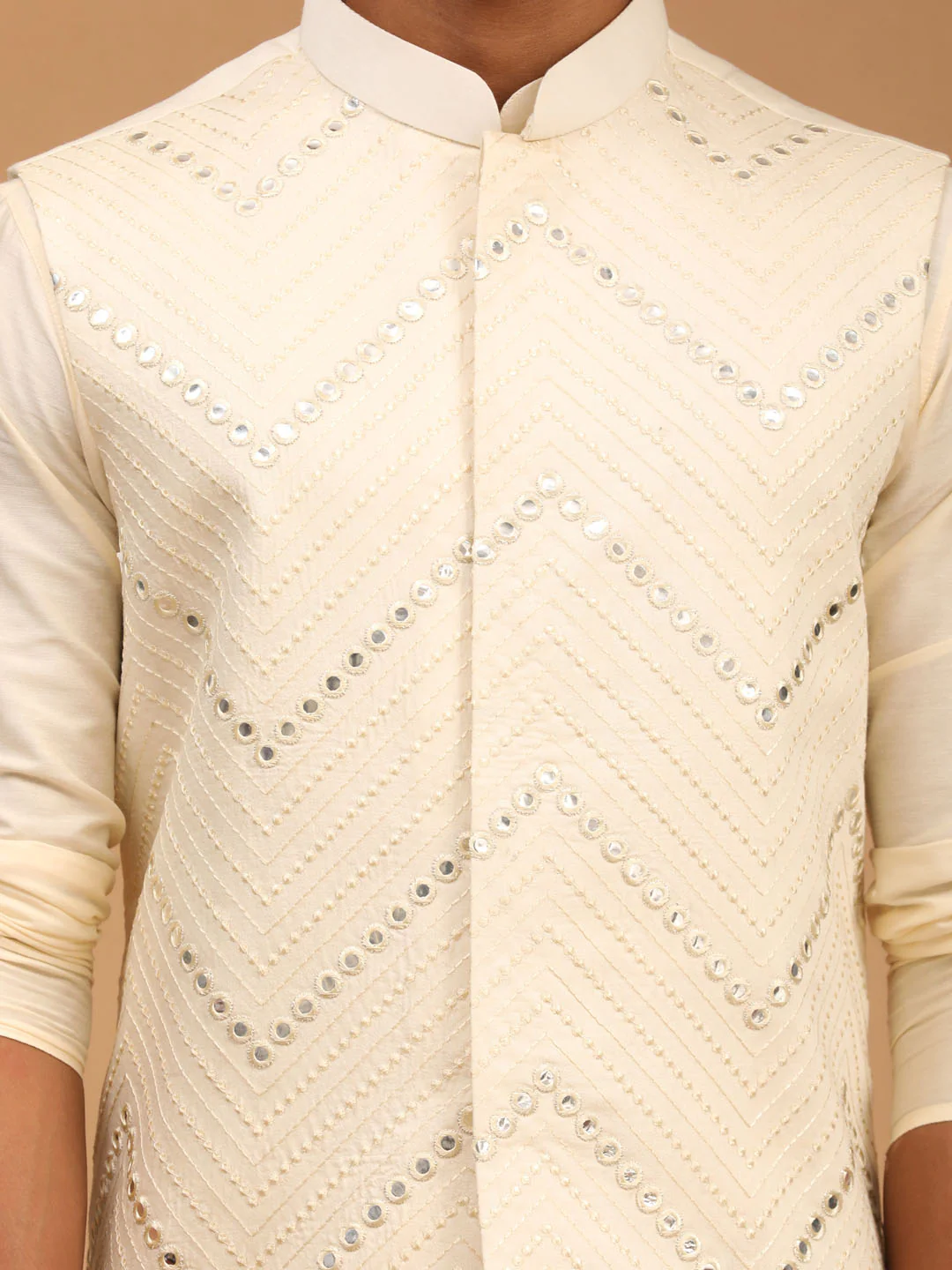 Men's Cream Mirror Jacket With Kurta Pyjama And Dupatta Set - Image 5