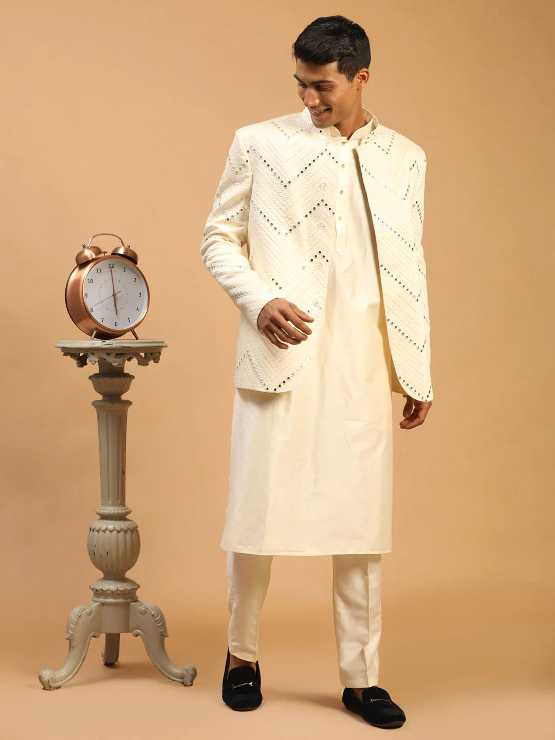 Men's Cream Mirror Jodhpuri With Kurta Pant Set - Image 2