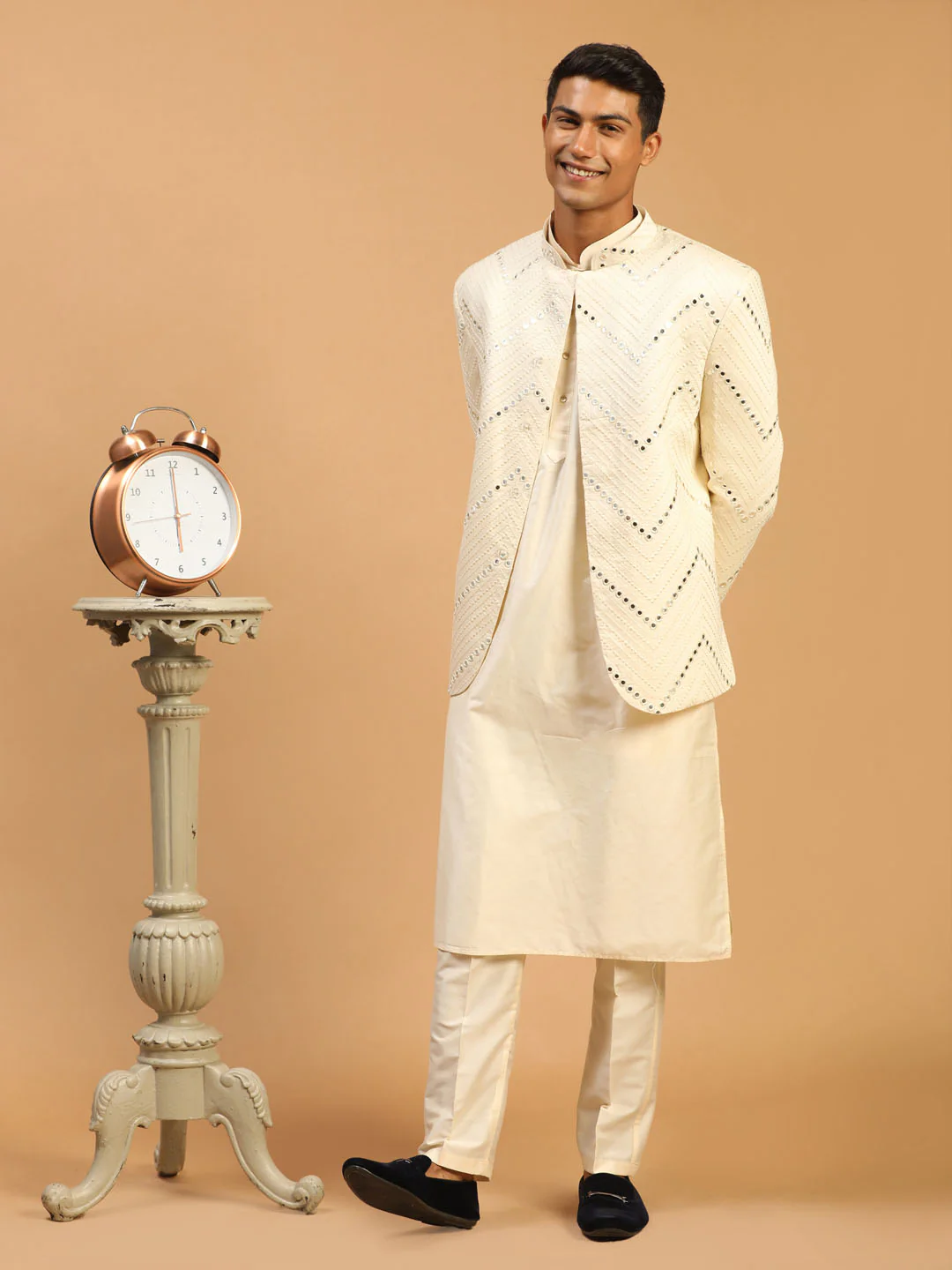 Men's Cream Mirror Jodhpuri With Kurta Pant Set - Image 5