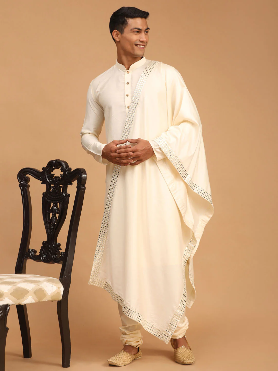 Men's Cream Viscose Kurta Pyjama And Dupatta Set - Image 2