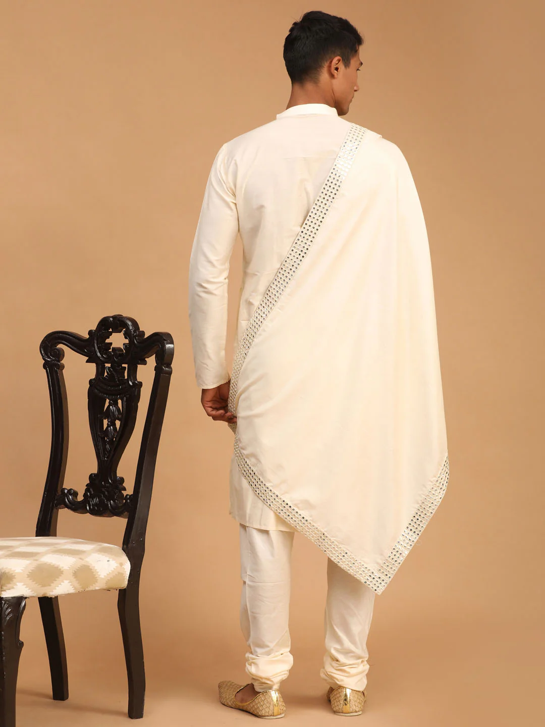 Men's Cream Viscose Kurta Pyjama And Dupatta Set - Image 3