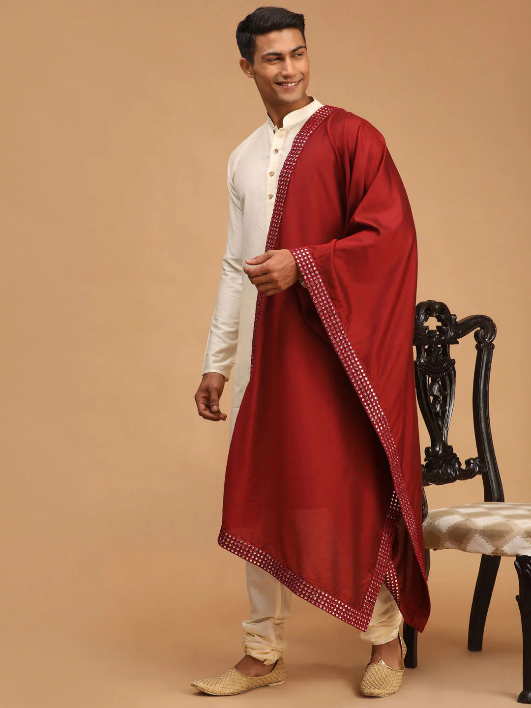 Men's Cream Viscose Kurta Pyjama And Dupatta Set - Image 2