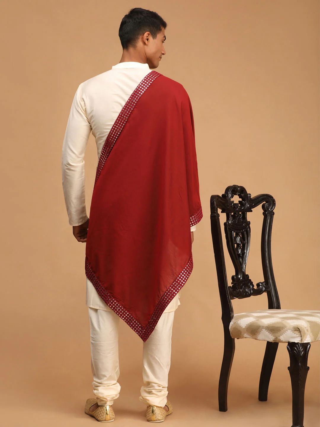 Men's Cream Viscose Kurta Pyjama And Dupatta Set - Image 3