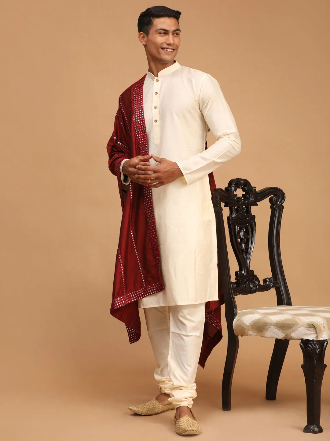 Men's Cream Viscose Kurta Pyjama And Dupatta Set - Image 2