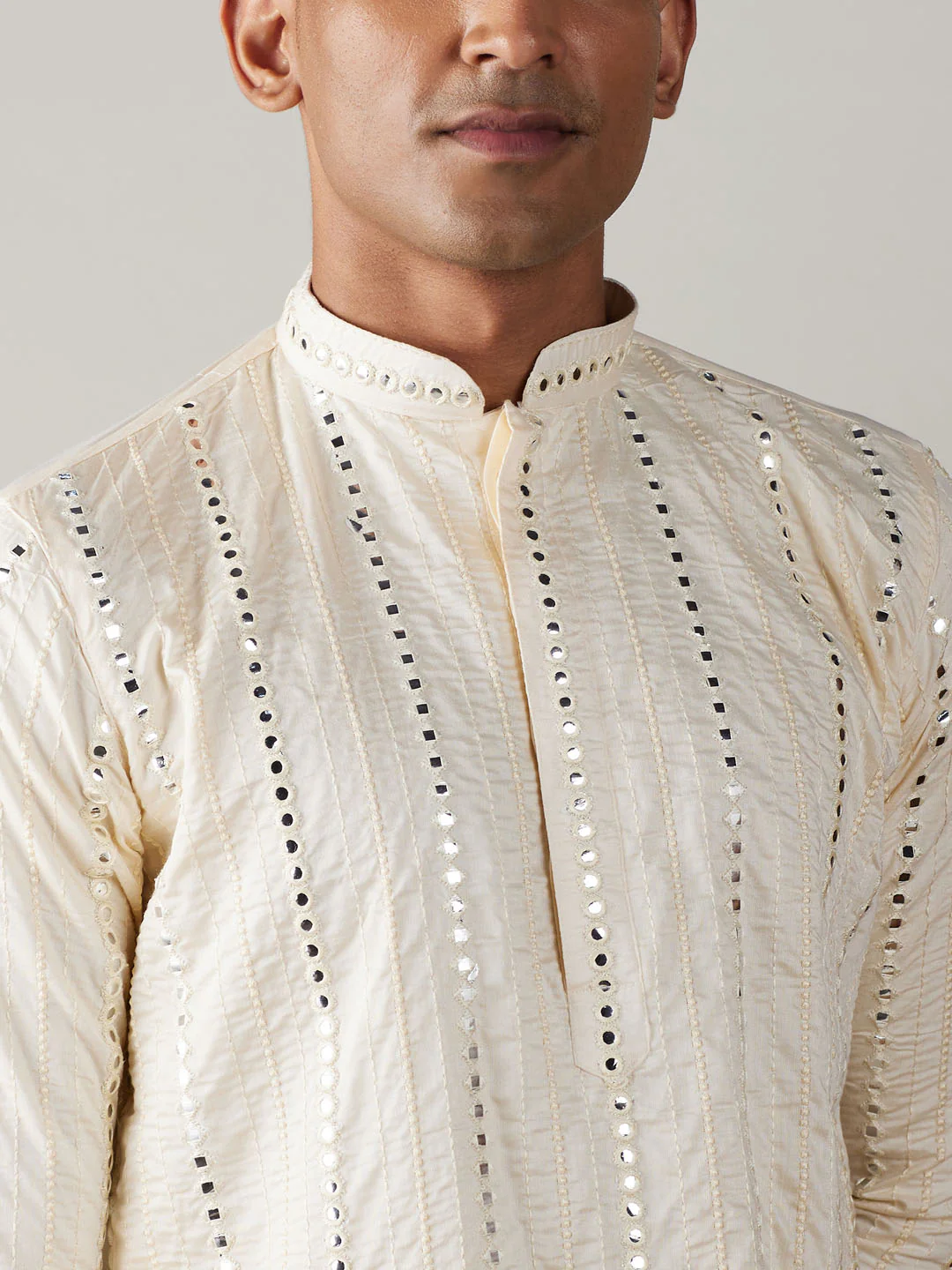 Men's Cream Mirror Kurta Dhoti Set - Image 4