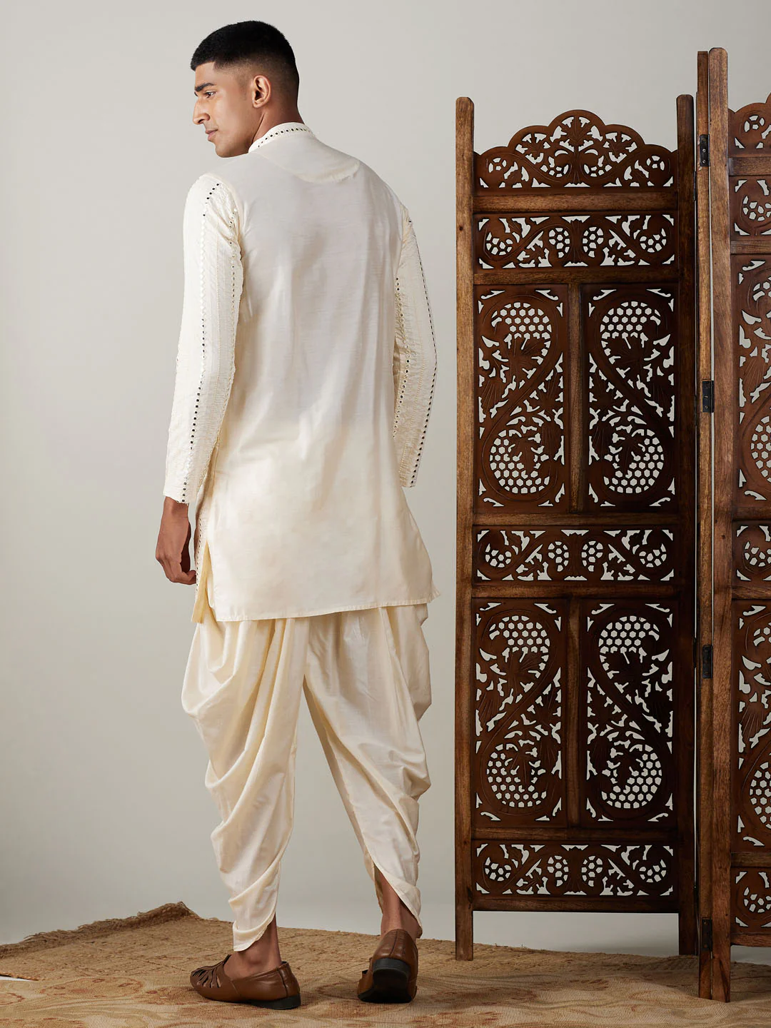 Men's Cream Mirror Kurta Dhoti And Dupatta Set - Image 3