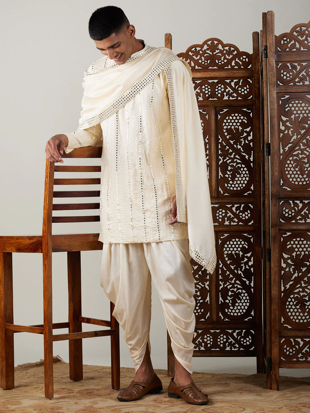 Men's Cream Mirror Kurta Dhoti And Dupatta Set - Image 7
