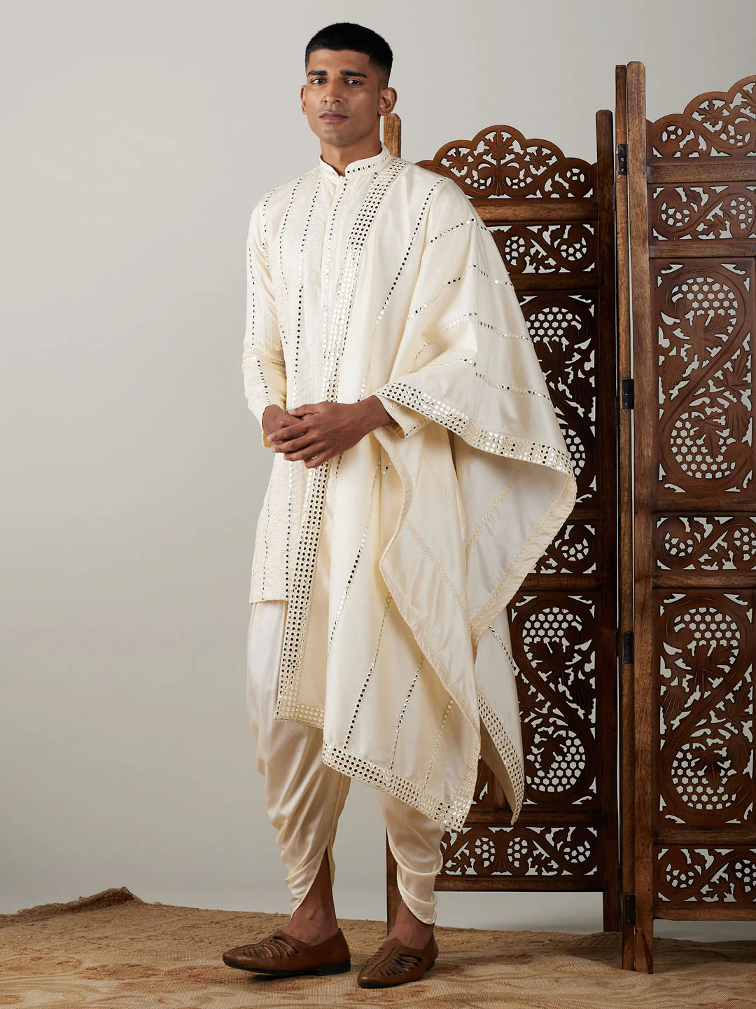 Men's Cream Mirror Kurta Dhoti And Dupatta Set - Image 2