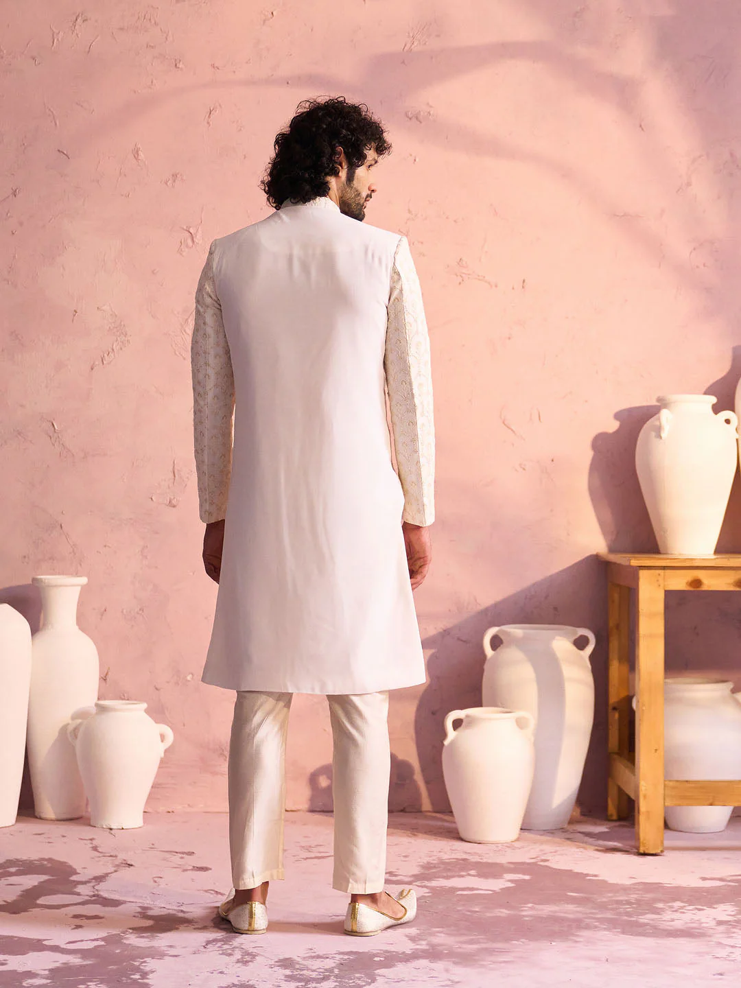 Men's Cream Georgette Embellished Indo Western Set - Image 3