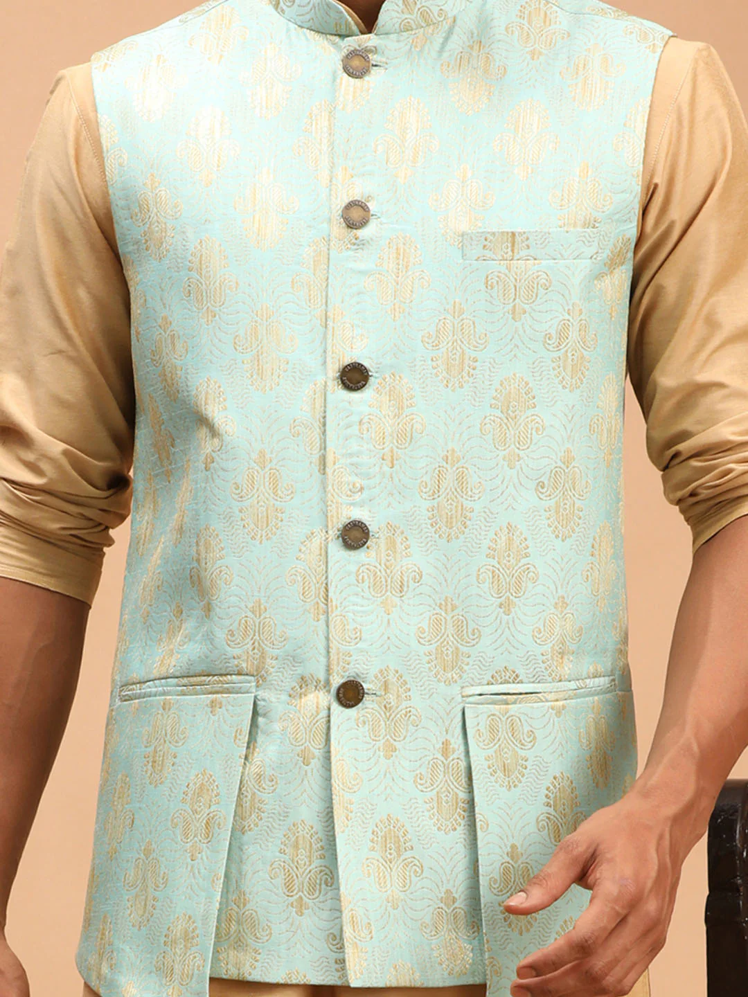 Men's Green Woven Design Ethnic Jacket And Rose Gold Kurta And Pyjama Set - Image 4