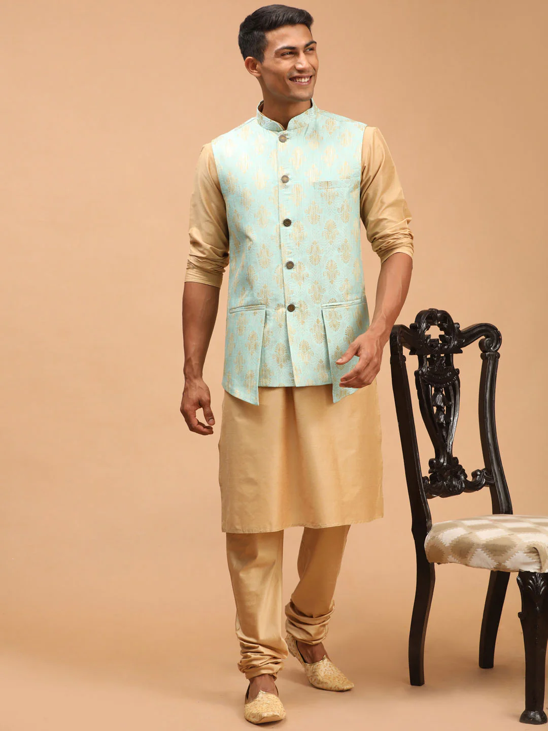 Men's Green Woven Design Ethnic Jacket And Rose Gold Kurta And Pyjama Set - Image 8