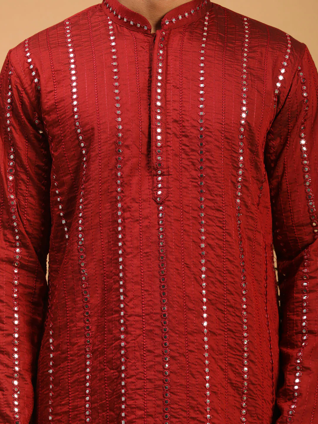 Men's Maroon Mirror Kurta With Dhoti And Dupatta Set - Image 4