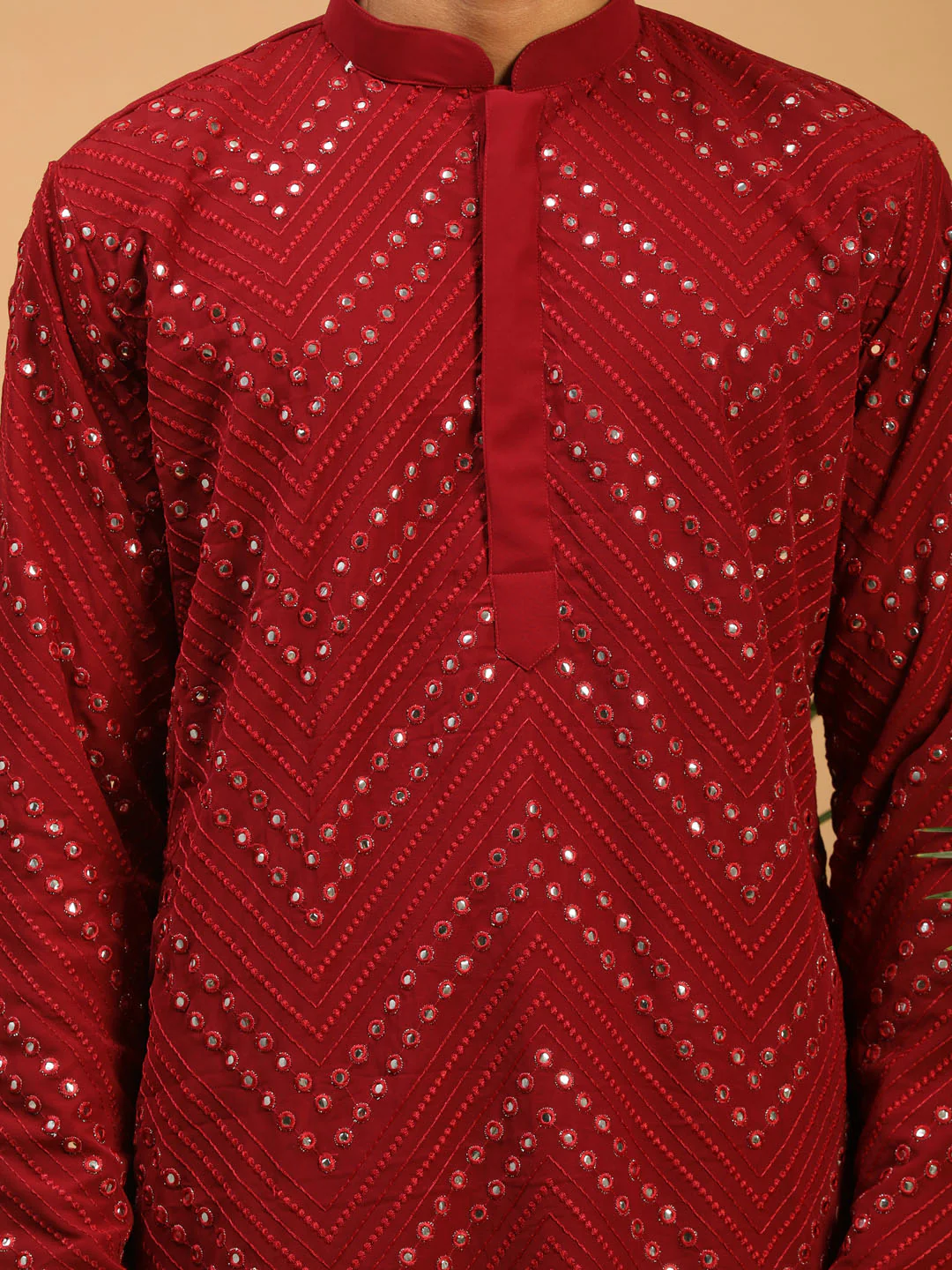 Men's Maroon Mirror Kurta Dhoti Set - Image 4