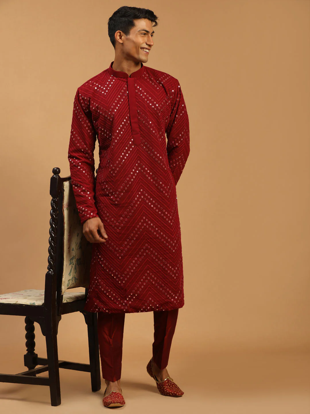 Men's Maroon Mirror Kurta Pant Set - Image 2