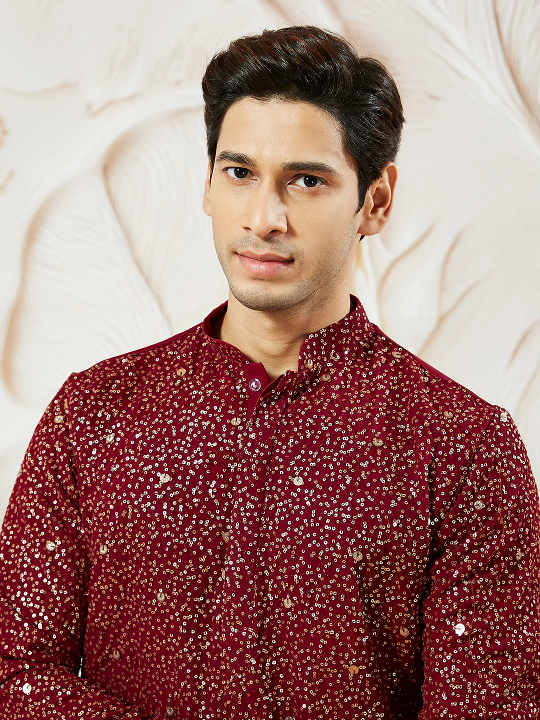 Men's Maroon Georgette Zari With Sequins Worked Kurta Patiala Set - Image 3