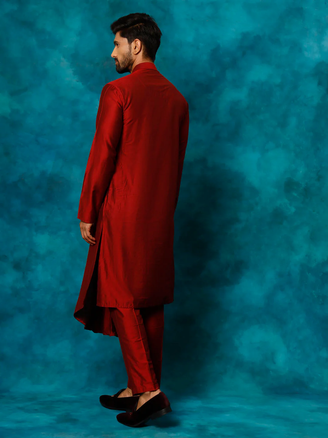 Men's Maroon Pleated Kurta - Image 3